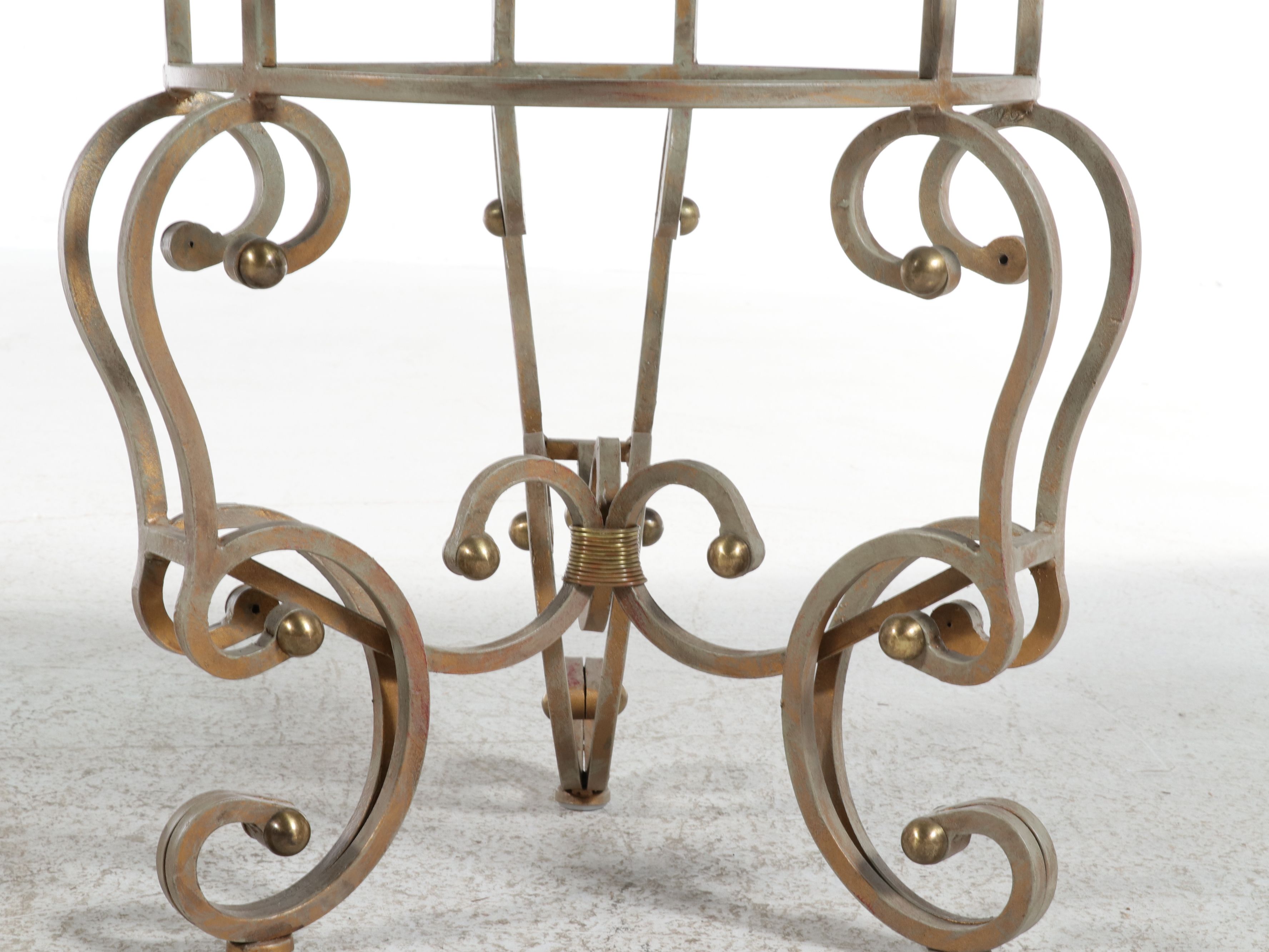 Hollywood Regency Style Scroll Wrought Metal Side Table with Glass Top