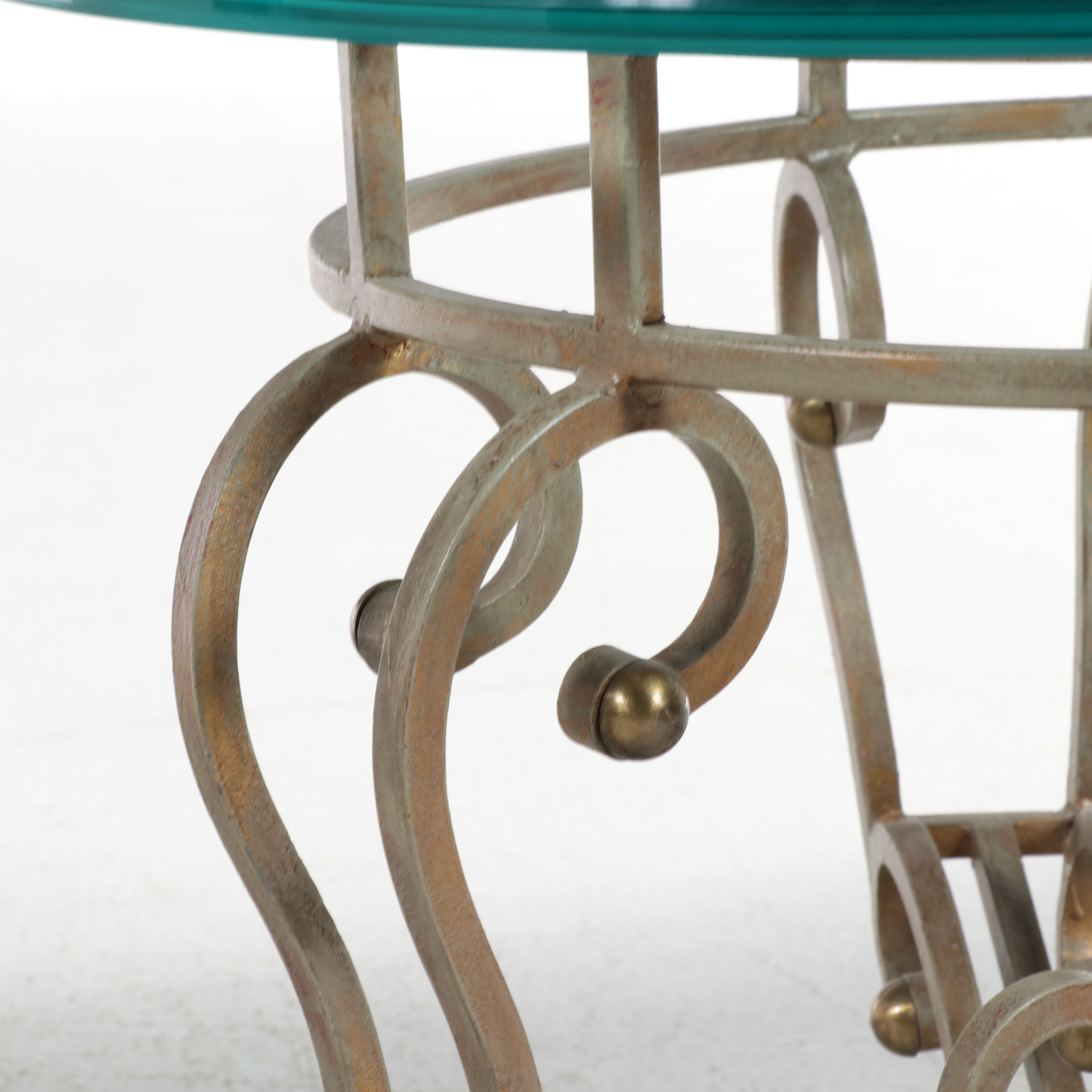 Hollywood Regency Style Scroll Wrought Metal Side Table with Glass Top