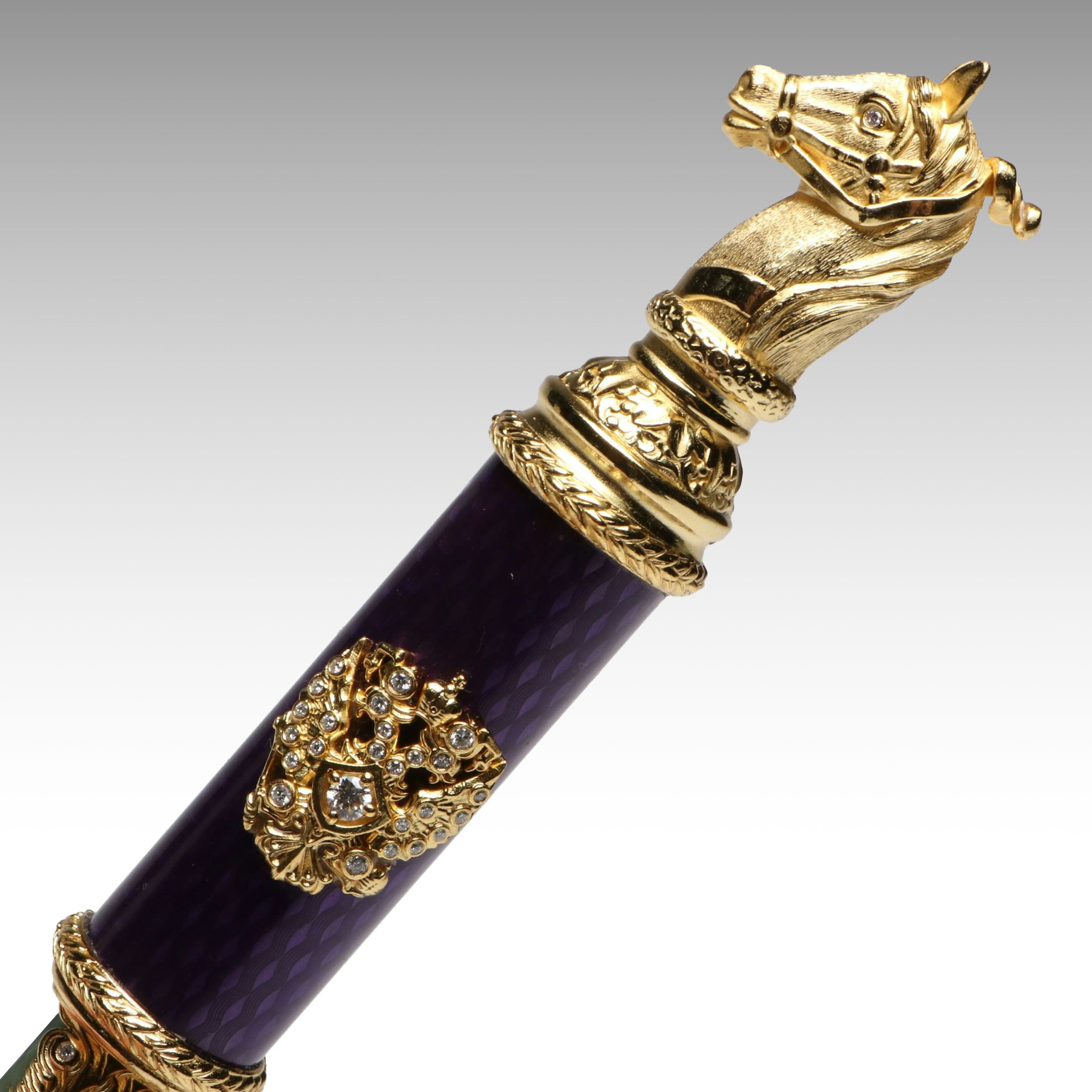 Imperial Russian Gilt Silver and Nephrite Letter Opener with Diamond Accents