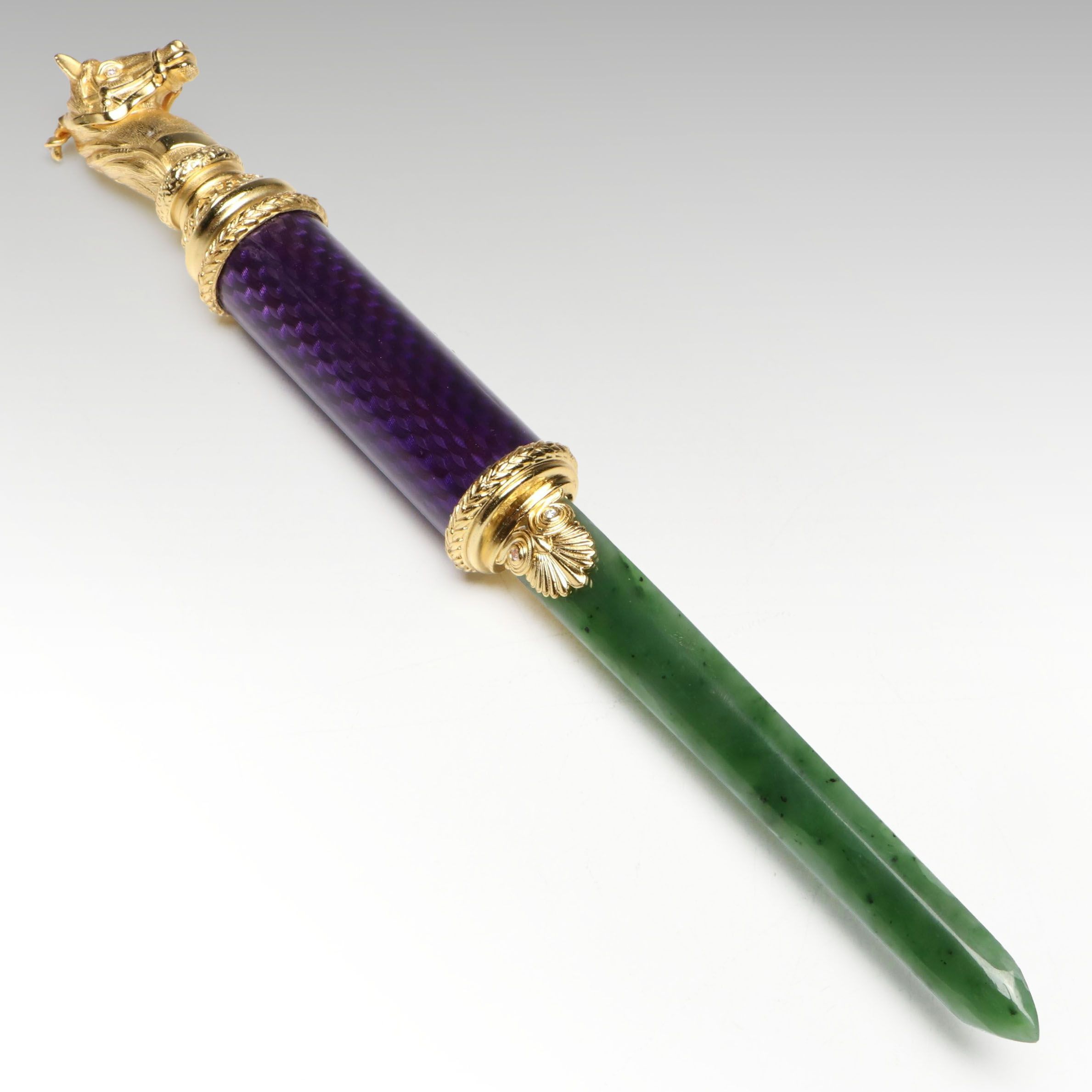 Imperial Russian Gilt Silver and Nephrite Letter Opener with Diamond Accents