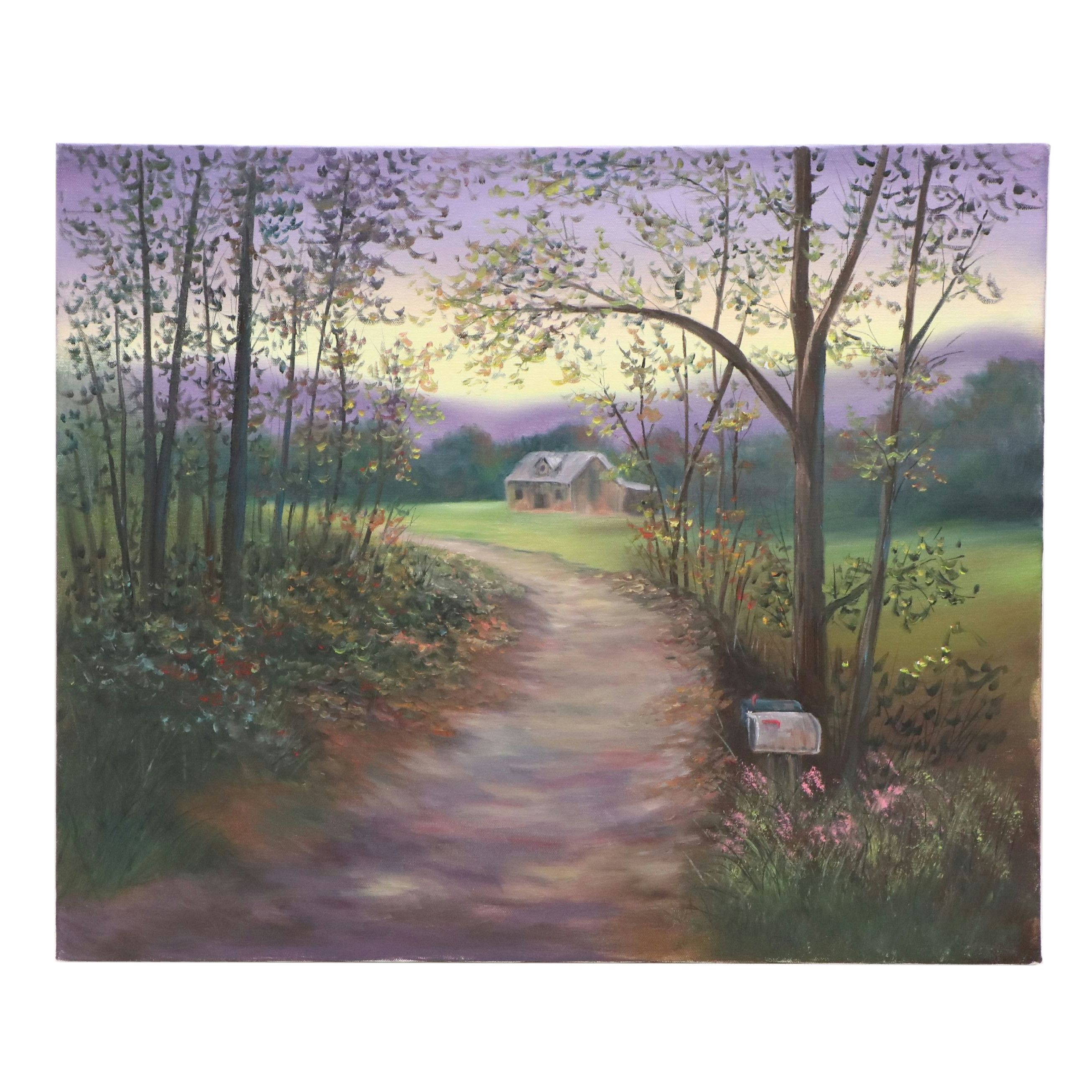 Idyllic Countryside Residential Landscape Oil Painting