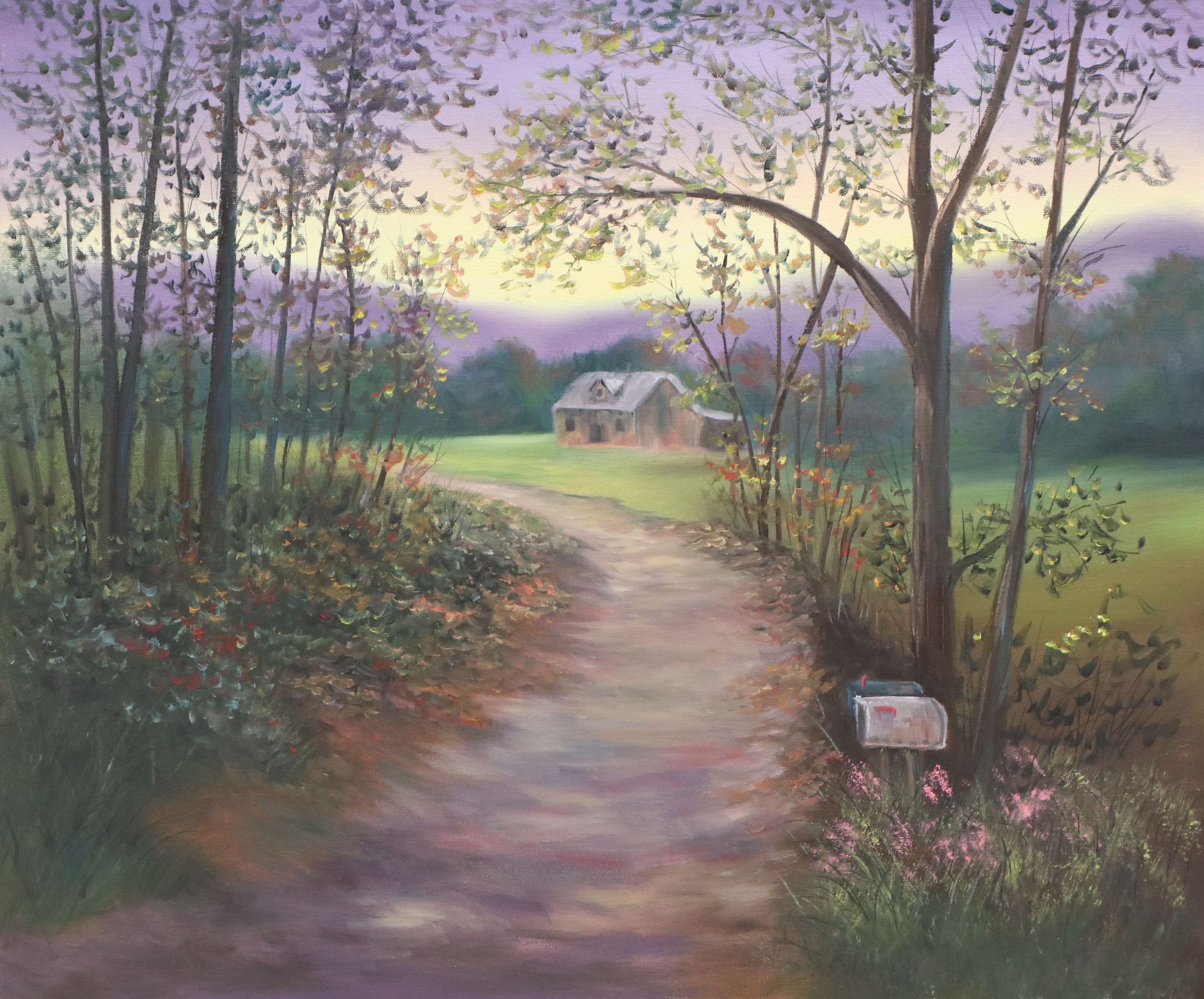 Idyllic Countryside Residential Landscape Oil Painting