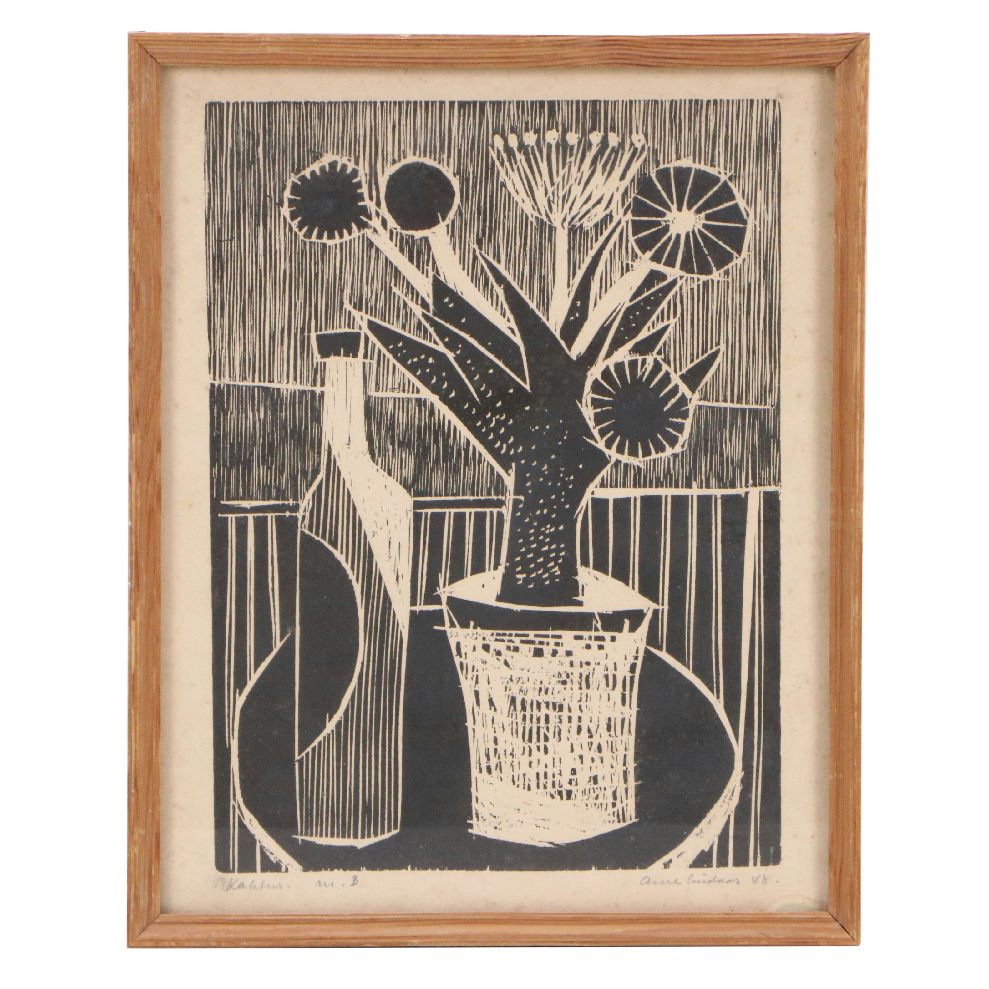 Arne Lindaas Modernist Linocut "Kaktus," 1948