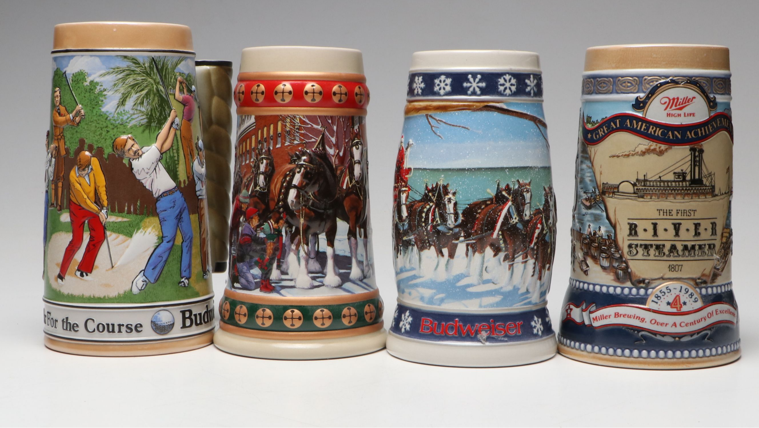 Budweiser Holiday, Sports Series "Golf" and Miller High Life Steins, 1990s