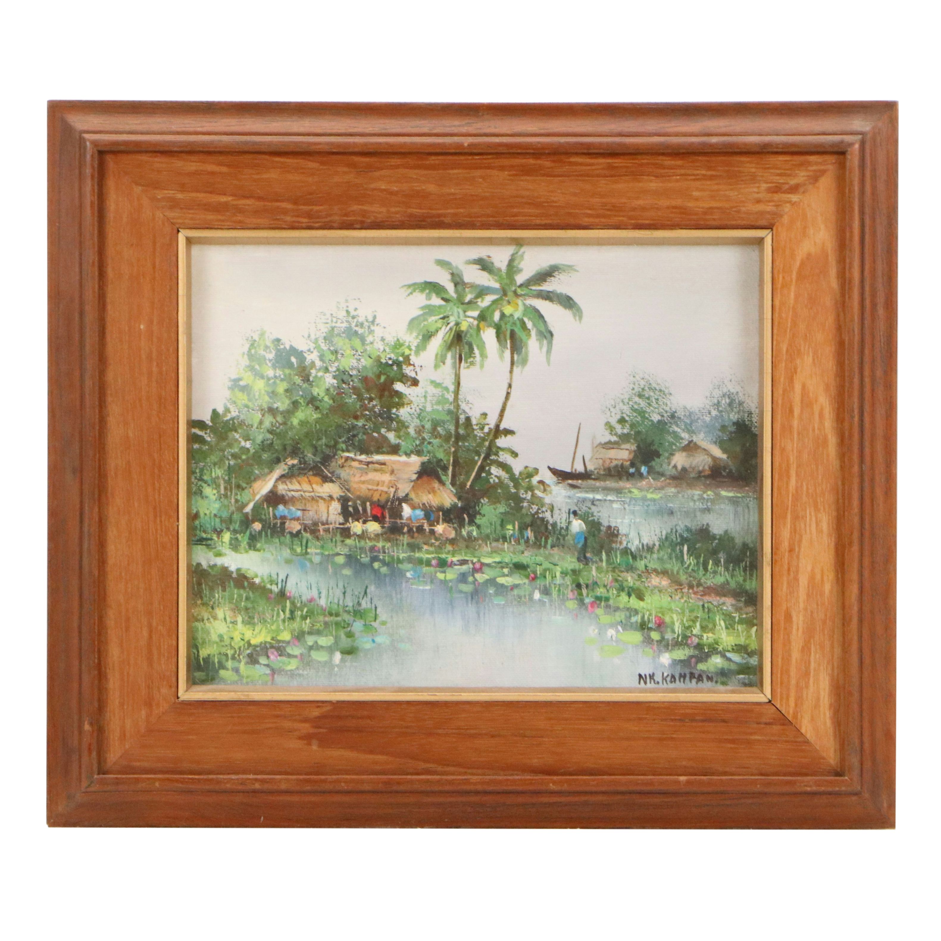 Thai Souvenir Oil Painting of Fishing Village, Circa 1979