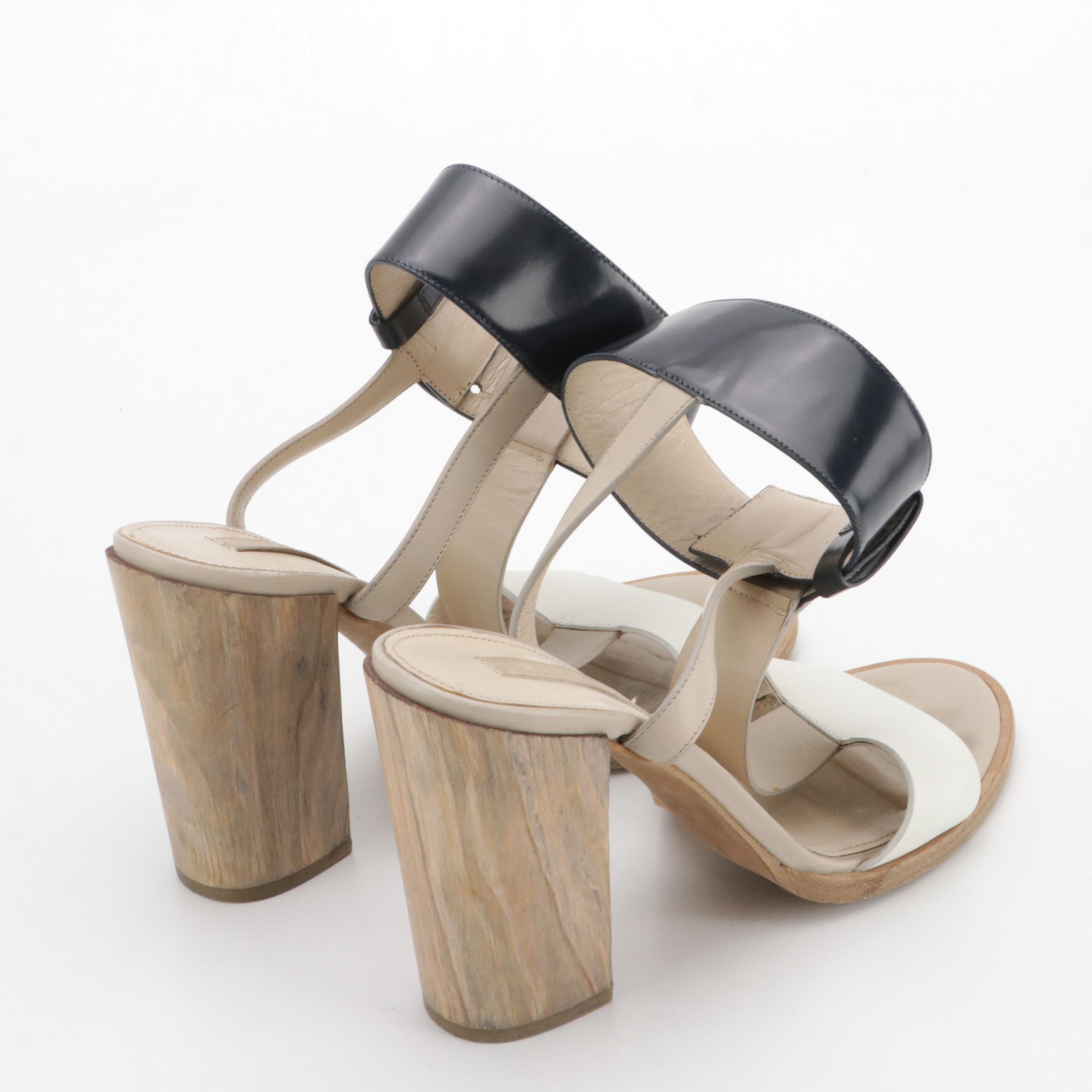 Hugo Boss Ankle Strap Woodblock Heeled Sandals in Tricolor Leather