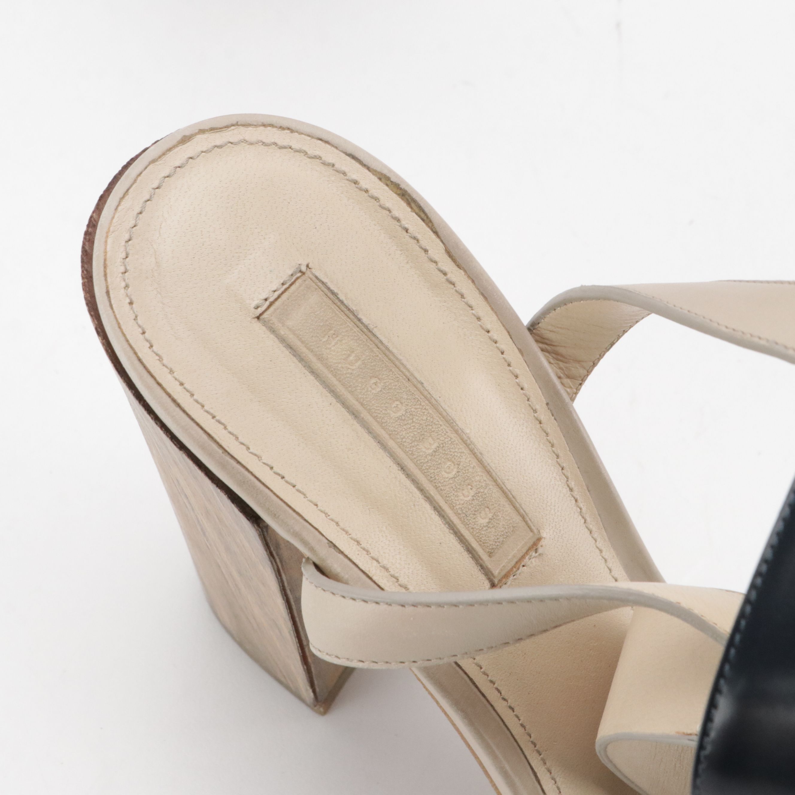 Hugo Boss Ankle Strap Woodblock Heeled Sandals in Tricolor Leather