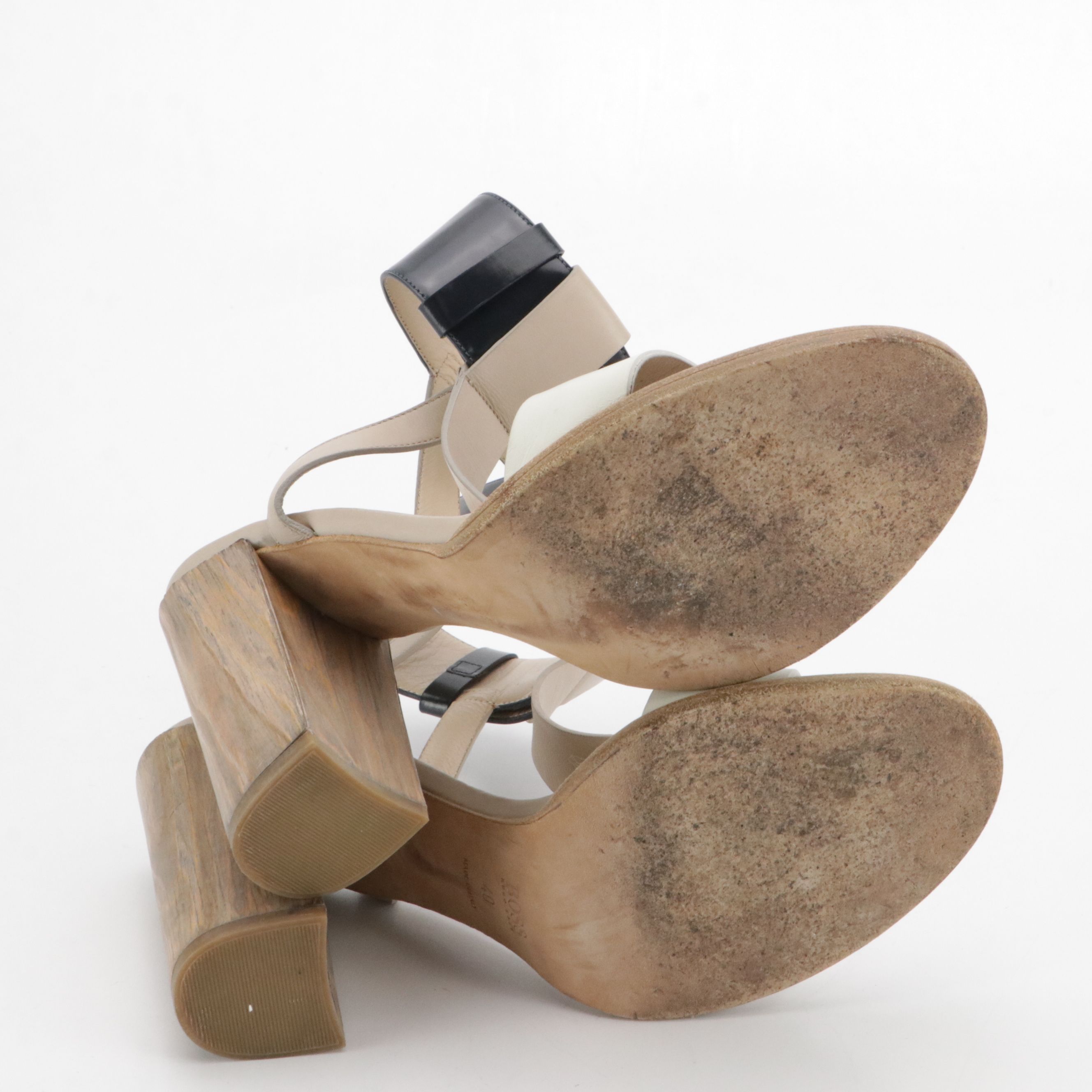 Hugo Boss Ankle Strap Woodblock Heeled Sandals in Tricolor Leather