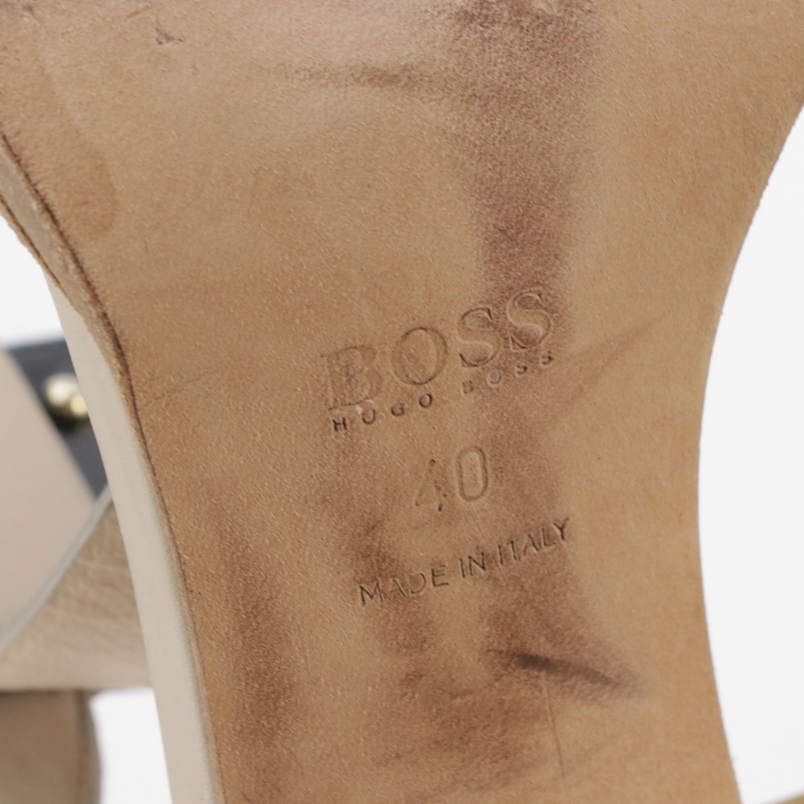 Hugo Boss Ankle Strap Woodblock Heeled Sandals in Tricolor Leather