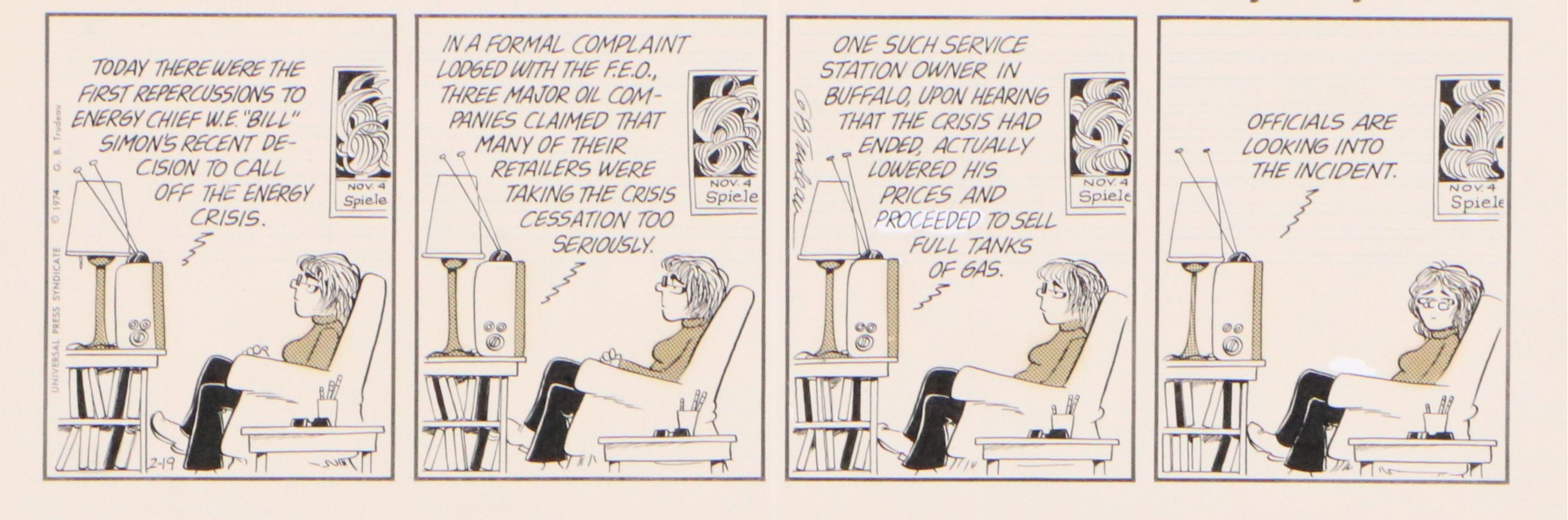 Garry Trudeau Cartoon Ink Illustration "Doonesbury," 1974