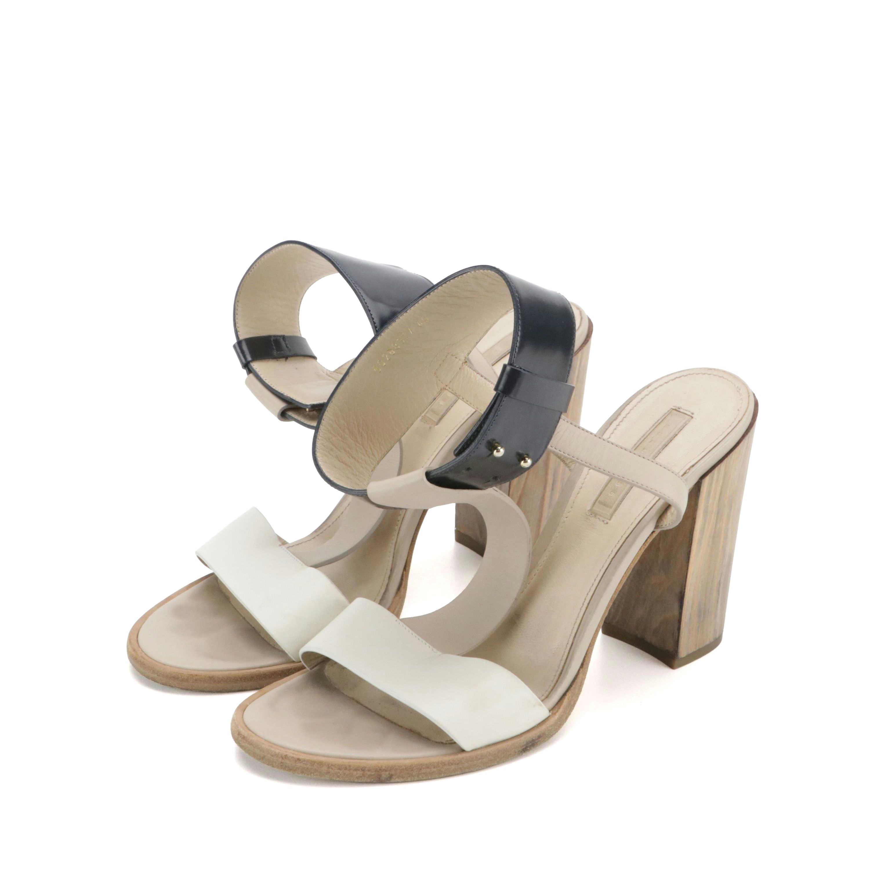 Hugo Boss Ankle Strap Woodblock Heeled Sandals in Tricolor Leather