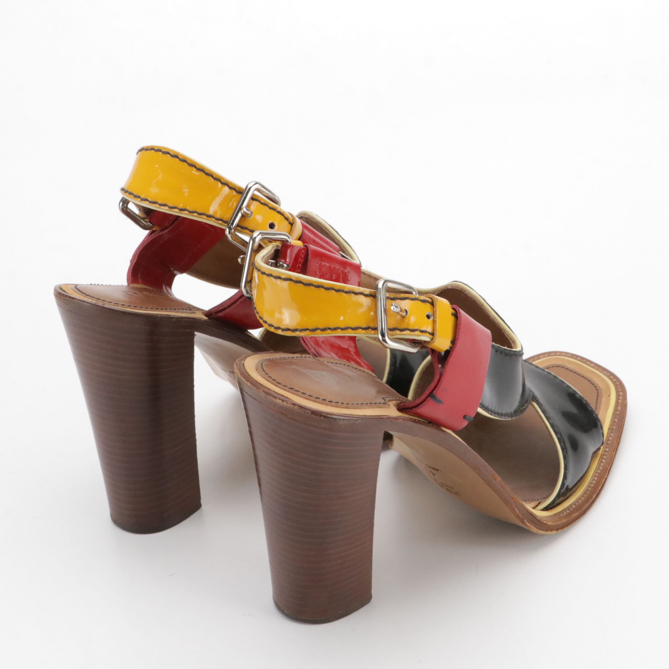 Prada Slingback Heeled Sandals in Black, Red, and Yellow Patent Leather