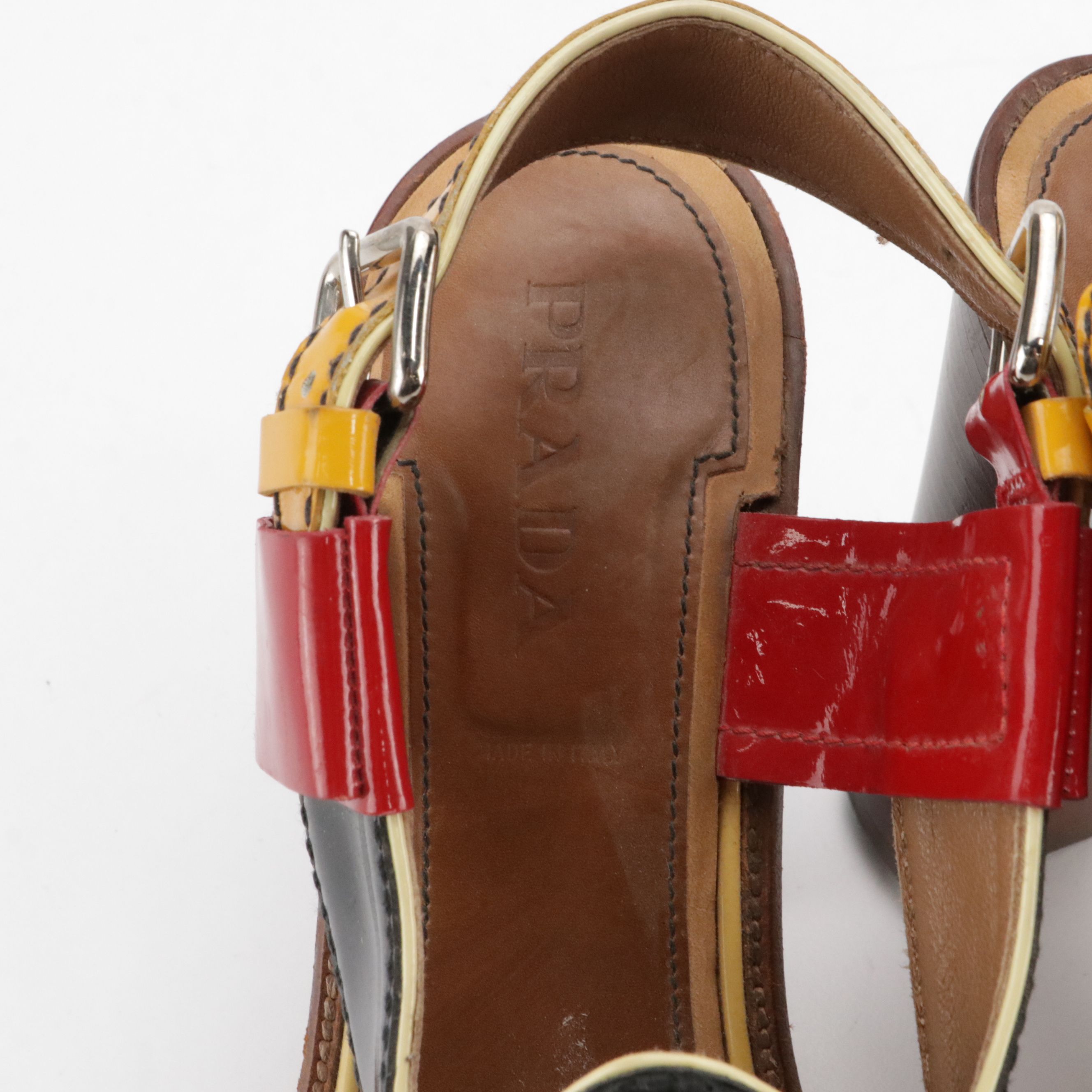 Prada Slingback Heeled Sandals in Black, Red, and Yellow Patent Leather