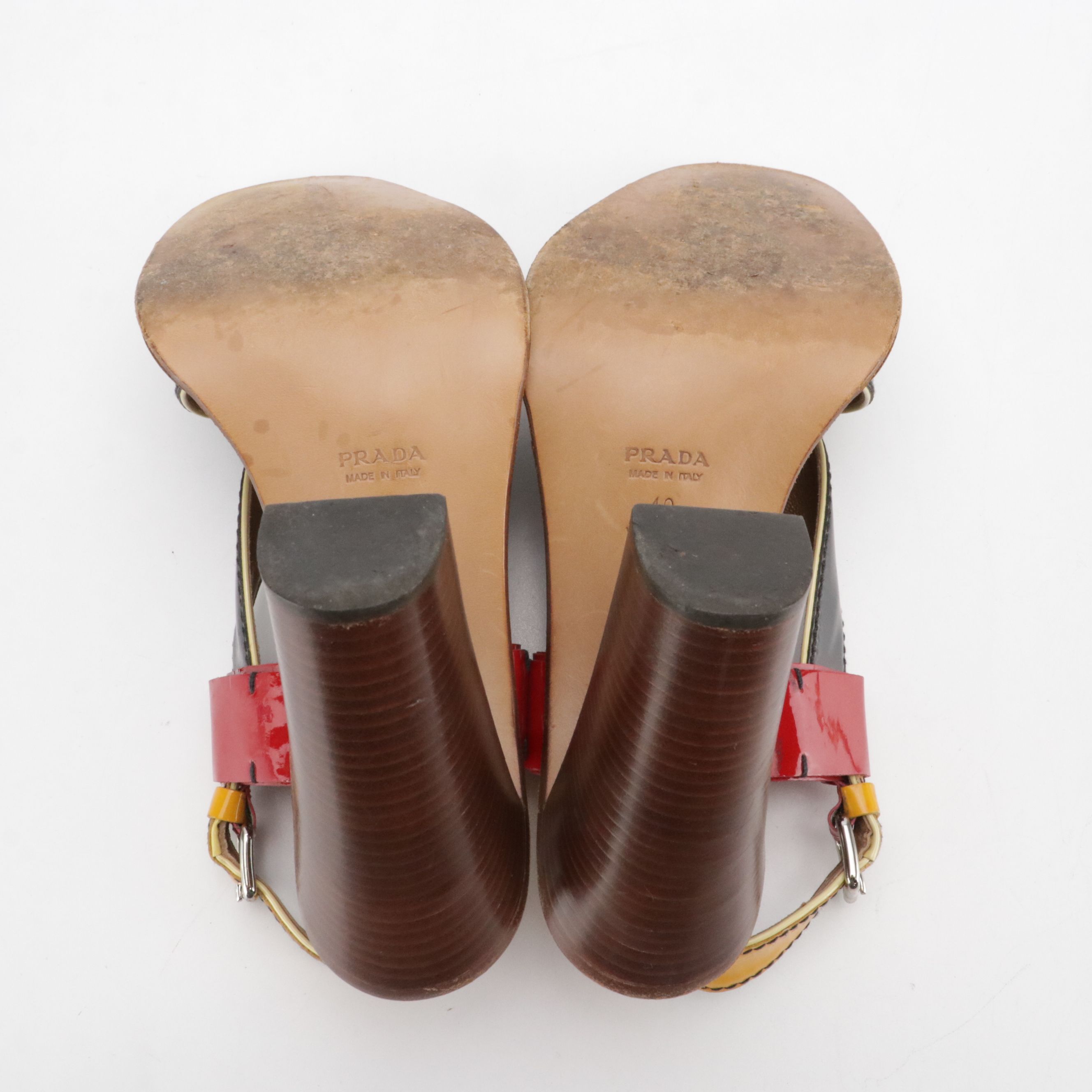 Prada Slingback Heeled Sandals in Black, Red, and Yellow Patent Leather