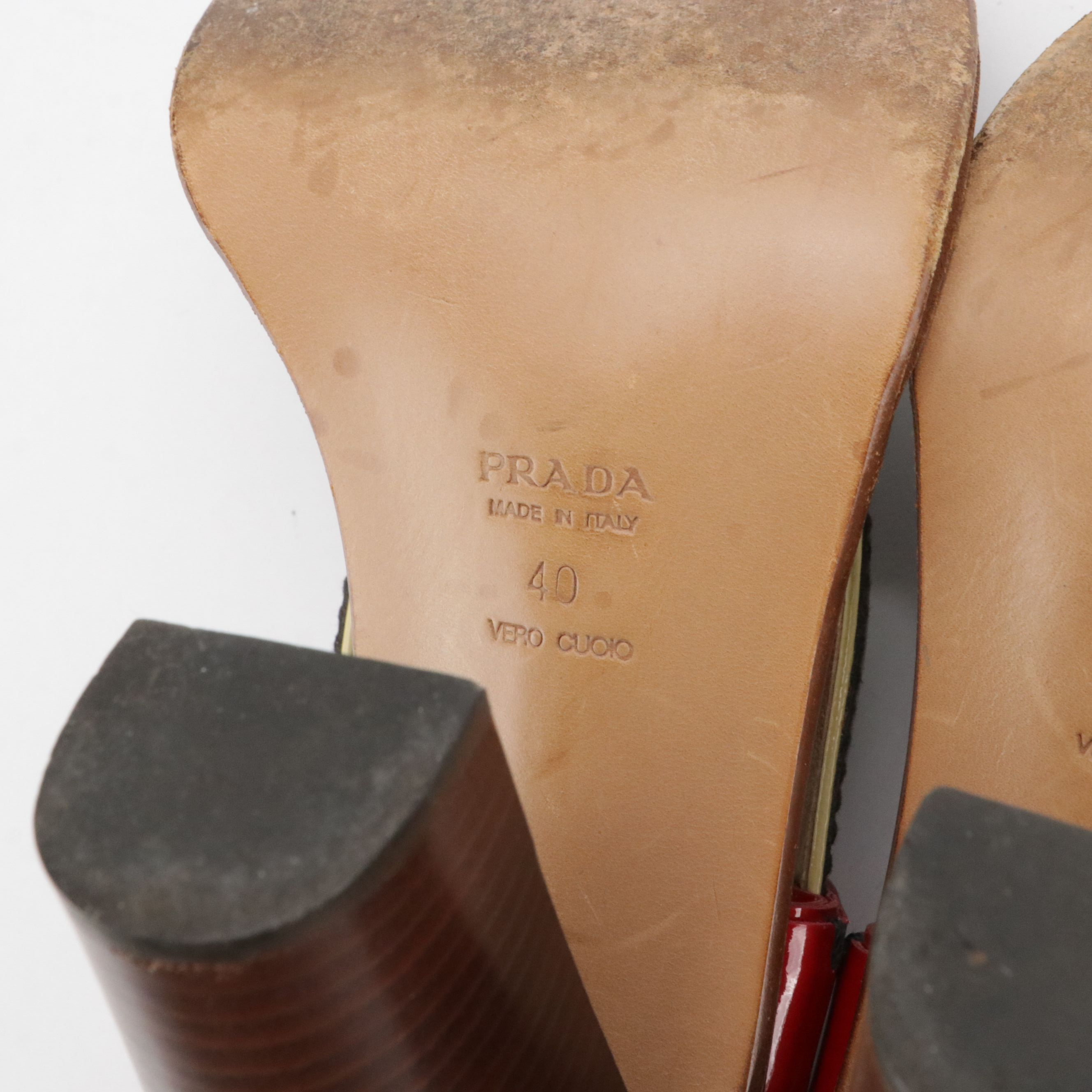 Prada Slingback Heeled Sandals in Black, Red, and Yellow Patent Leather