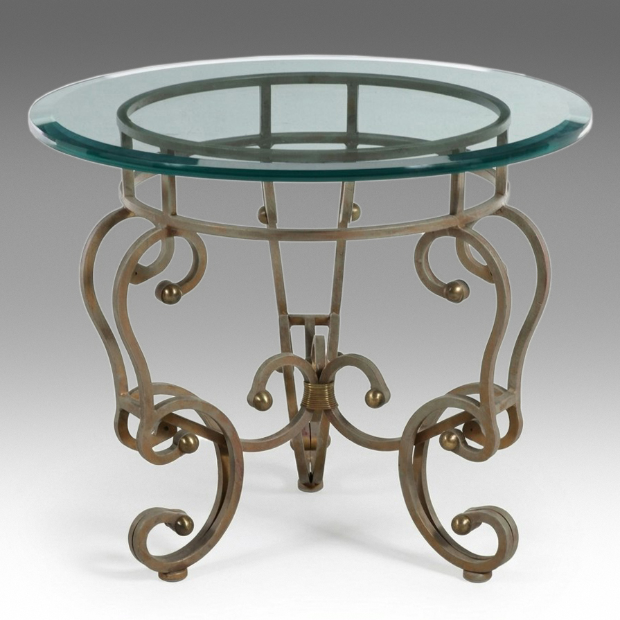 Hollywood Regency Style Scroll Wrought Metal Side Table with Glass Top