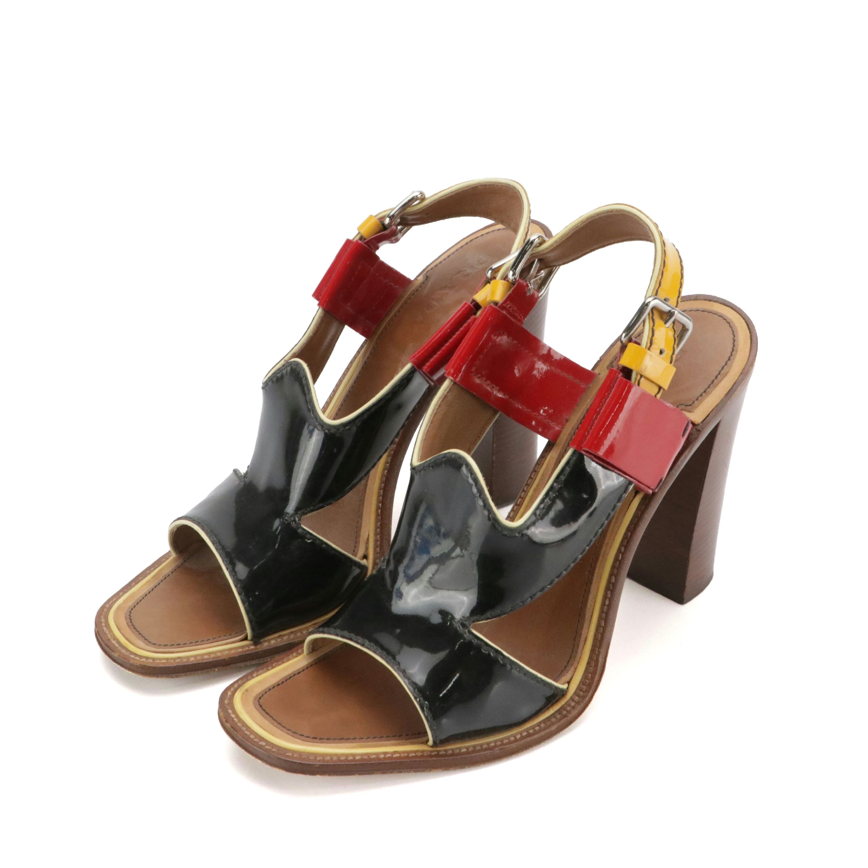 Prada Slingback Heeled Sandals in Black, Red, and Yellow Patent Leather