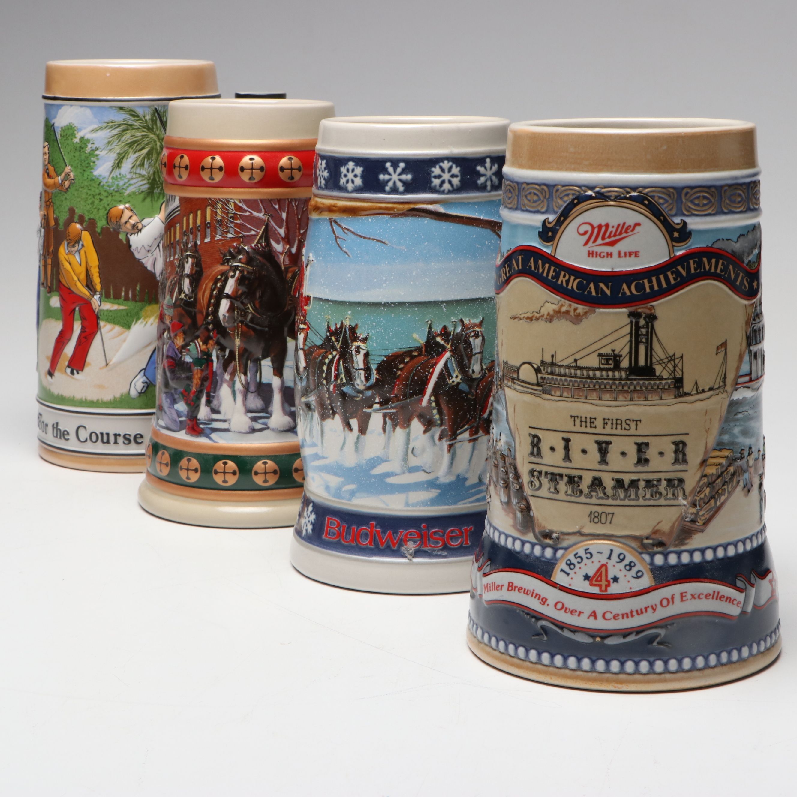 Budweiser Holiday, Sports Series "Golf" and Miller High Life Steins, 1990s