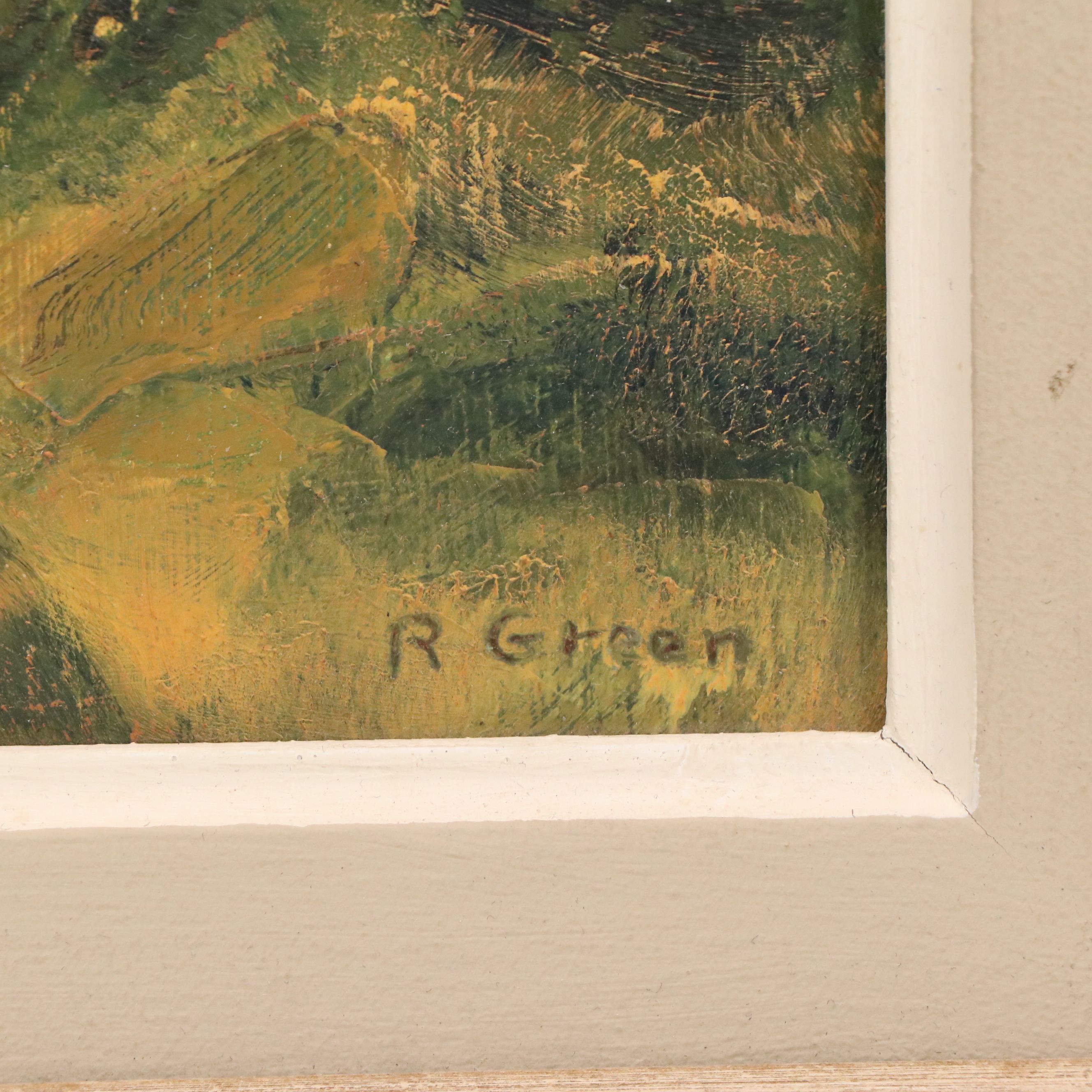 R. Green Oil Painting of Stylized Woodland Landscape, 20th Century