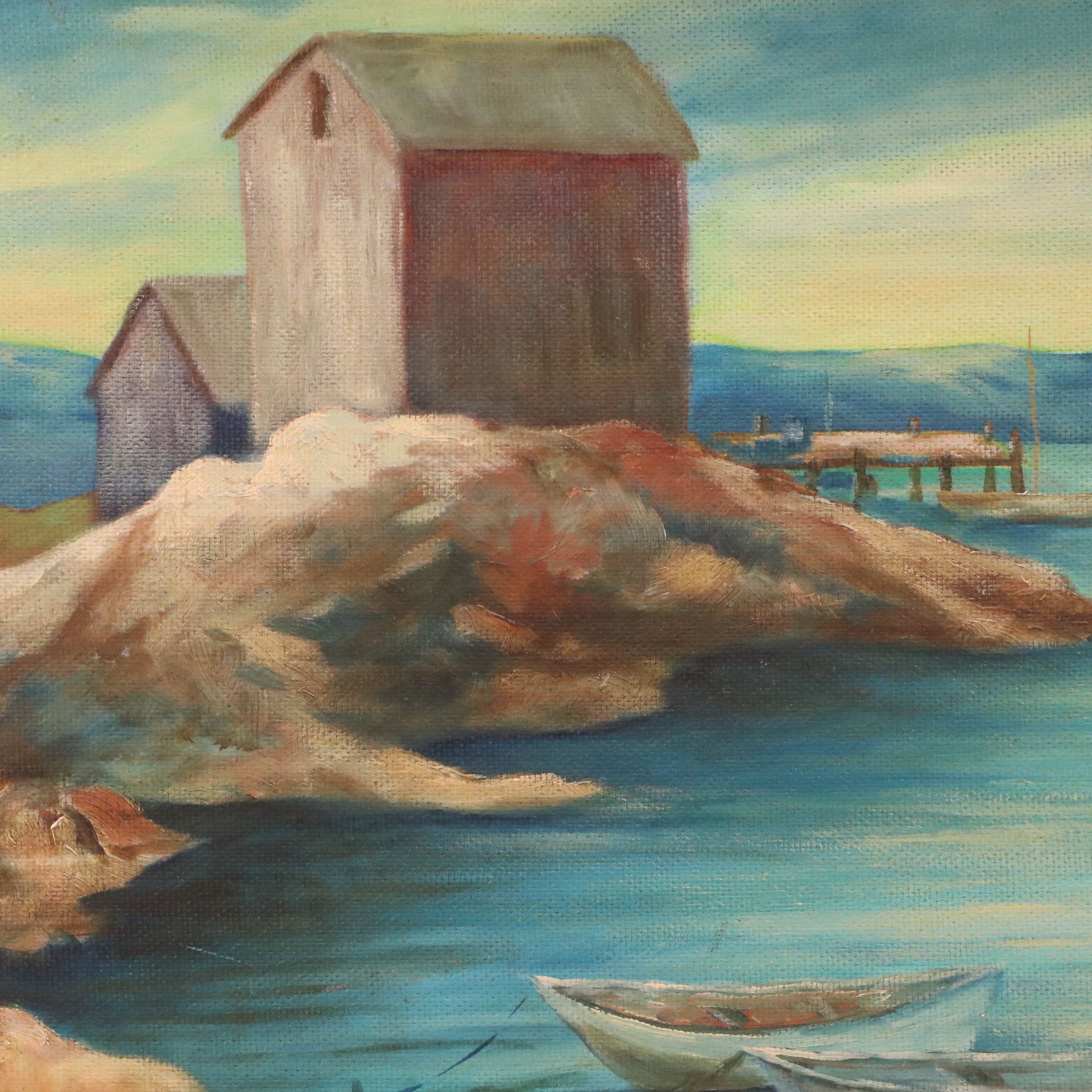 Folk Art Style Oil Painting of Coastal Landscape with Pier, 1960