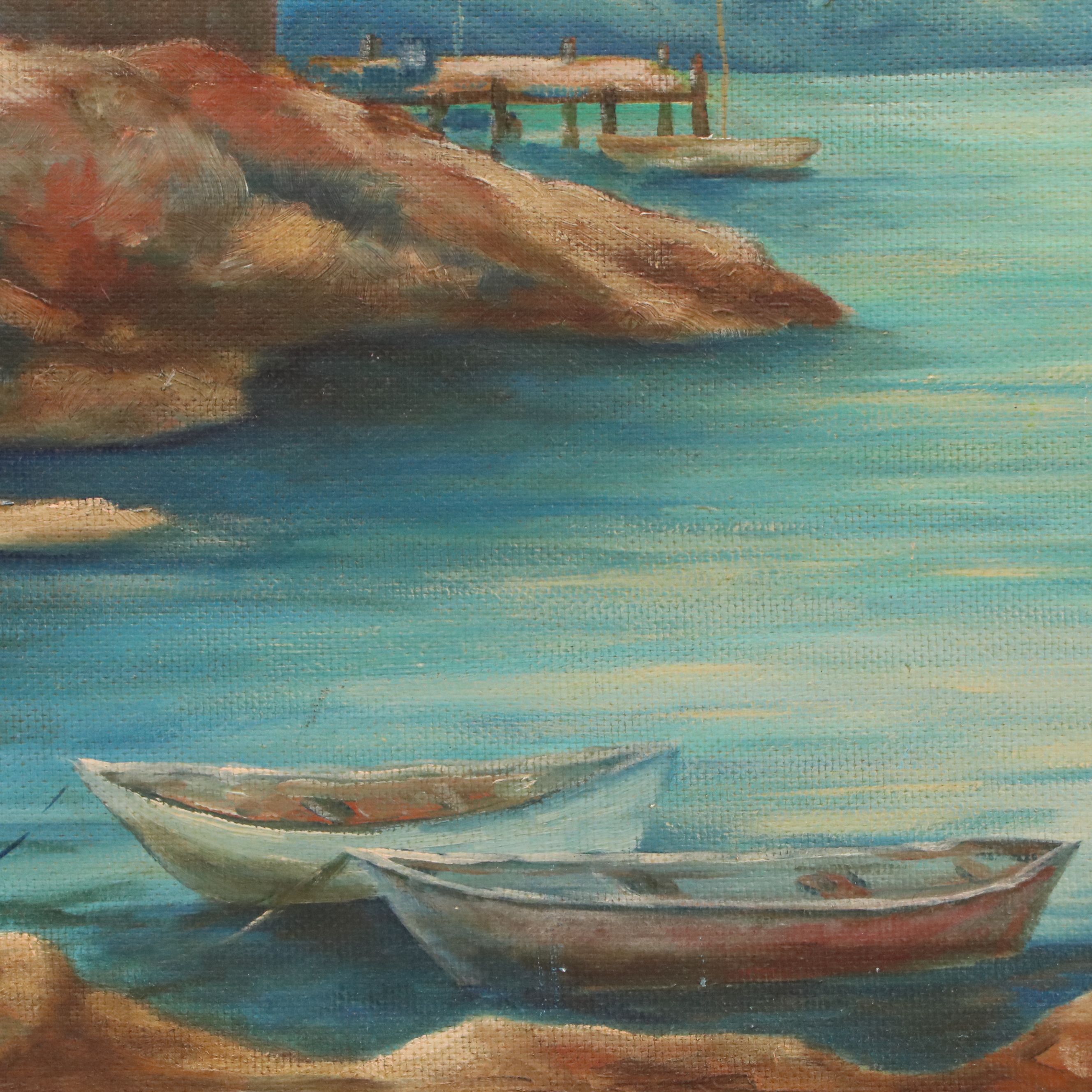 Folk Art Style Oil Painting of Coastal Landscape with Pier, 1960