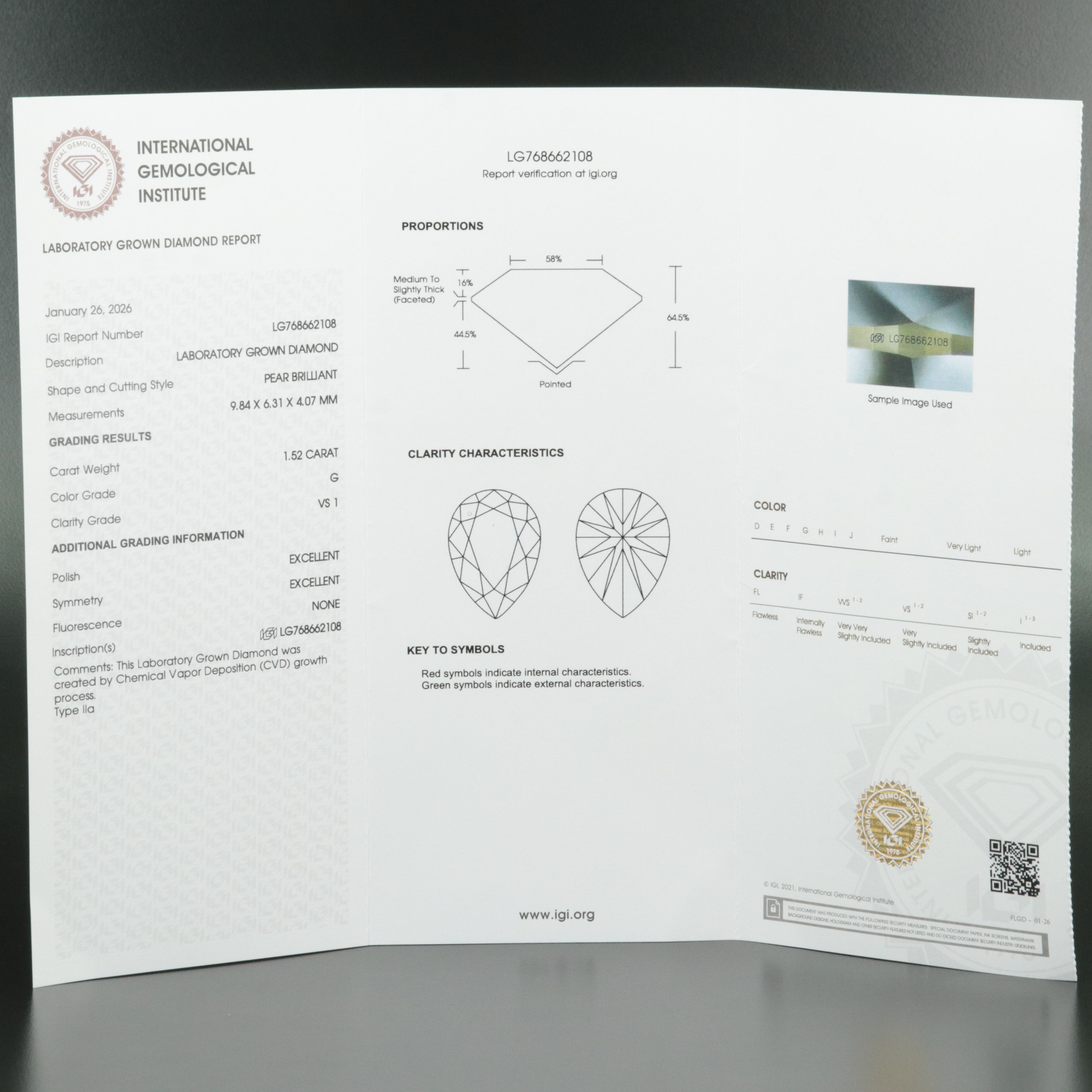 Loose 1.52 CT Lab Grown Diamond with IGI Report