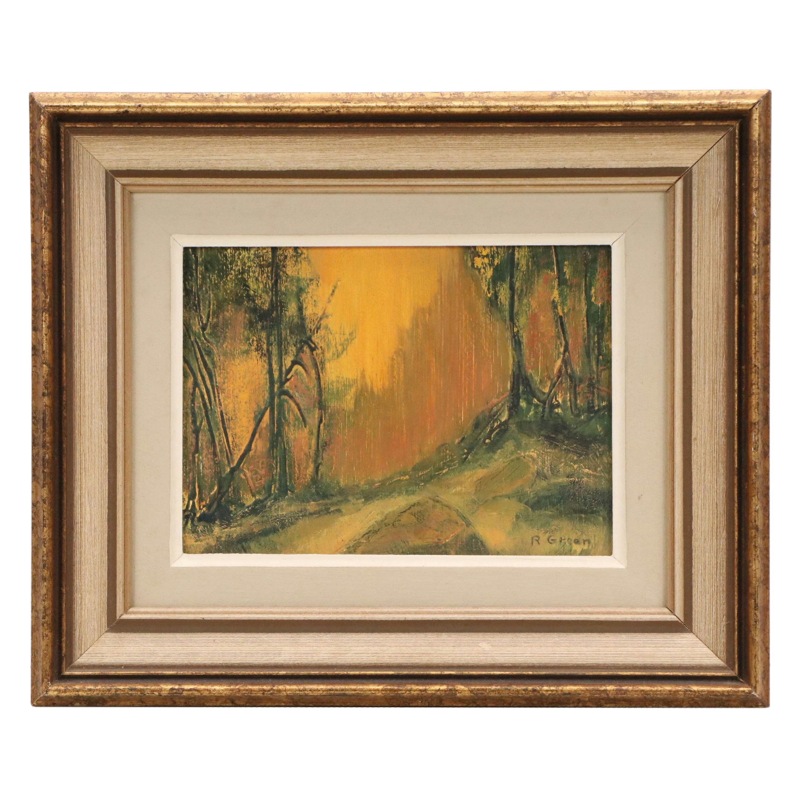 R. Green Oil Painting of Stylized Woodland Landscape, 20th Century