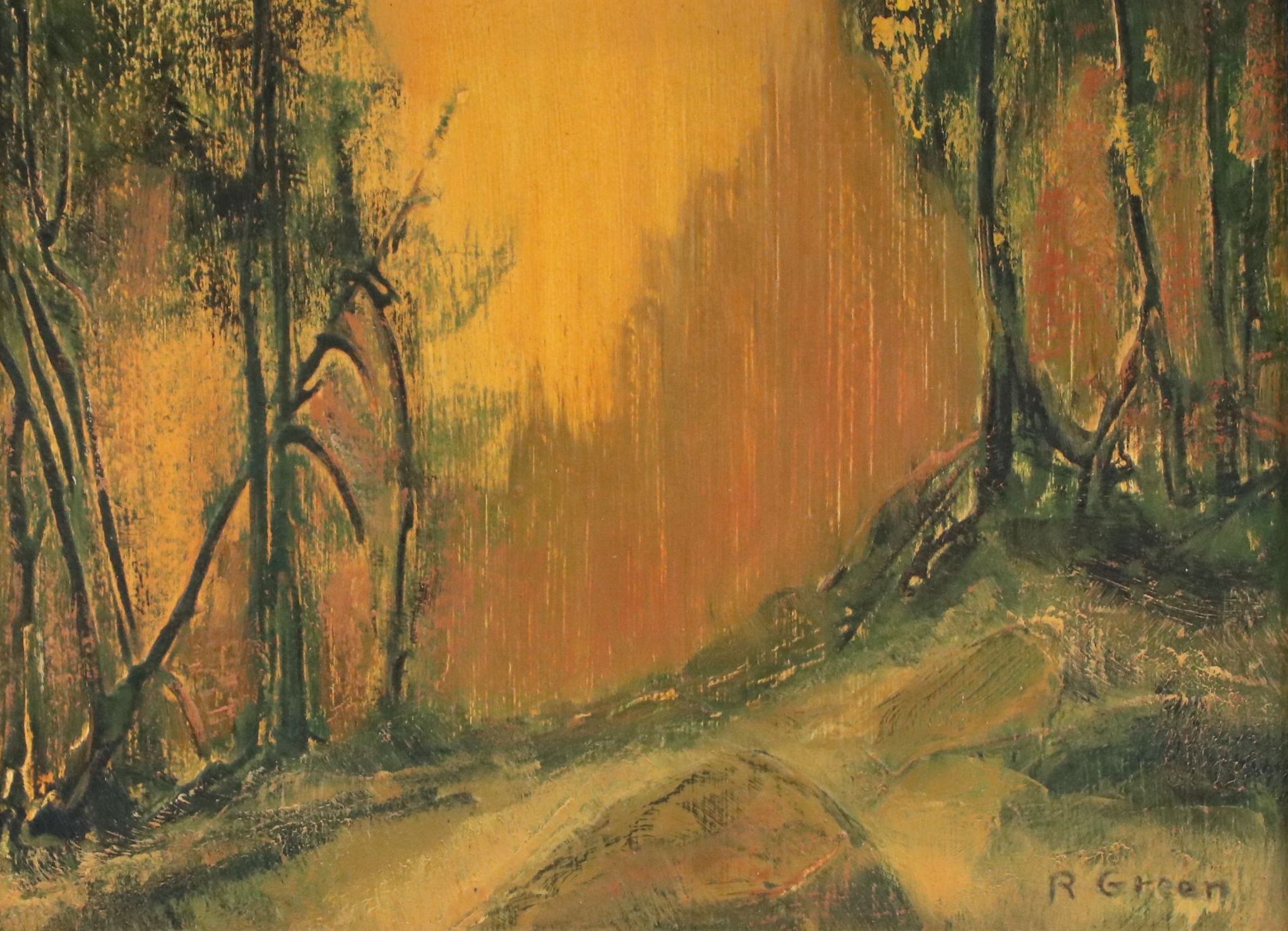 R. Green Oil Painting of Stylized Woodland Landscape, 20th Century