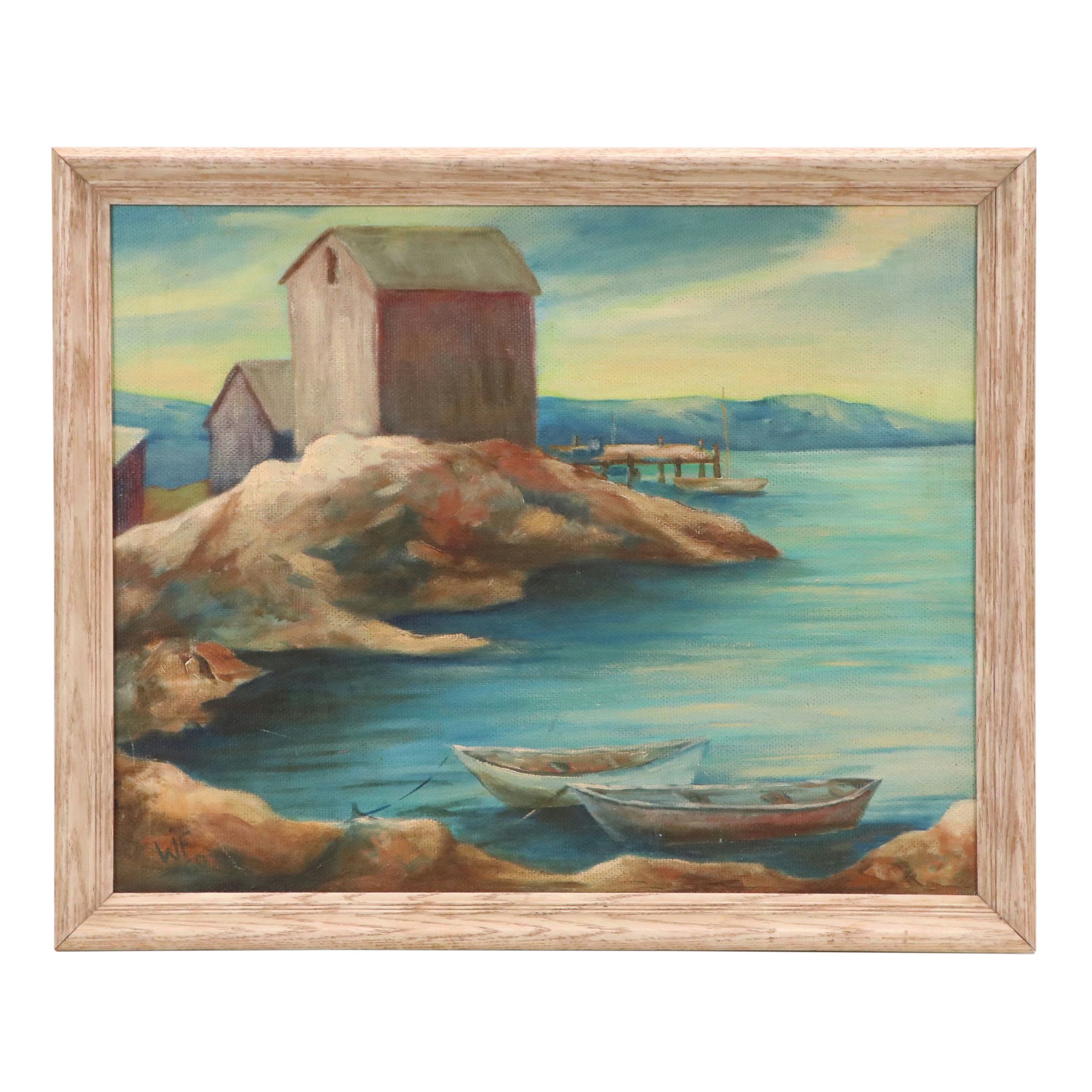 Folk Art Style Oil Painting of Coastal Landscape with Pier, 1960