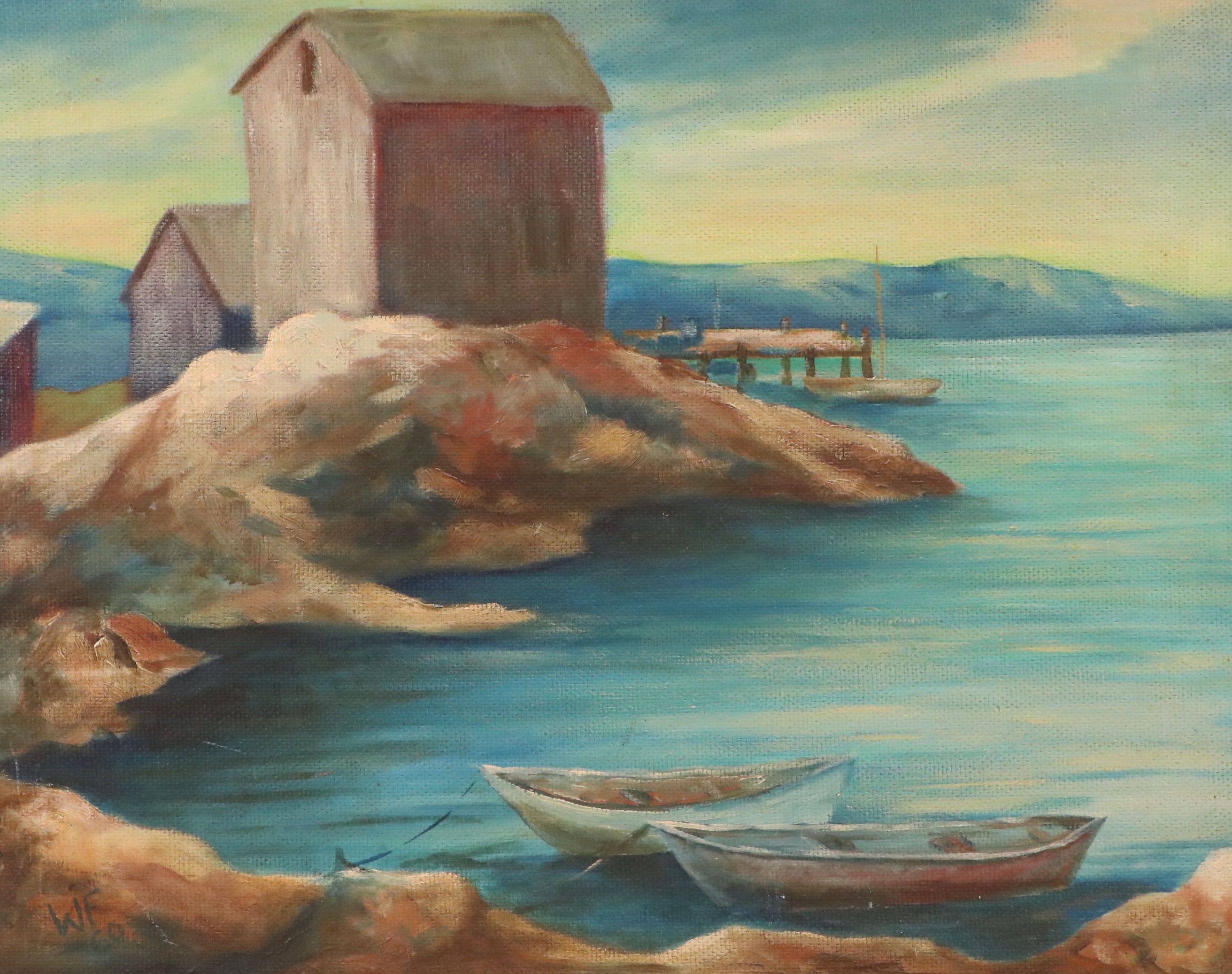 Folk Art Style Oil Painting of Coastal Landscape with Pier, 1960