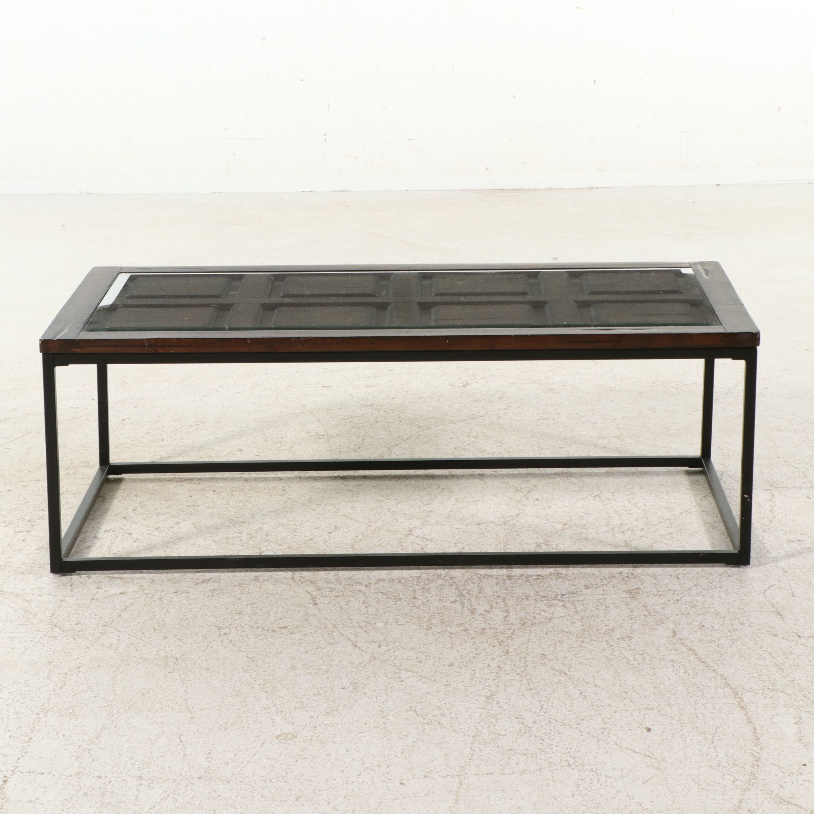 Contemporary Industrial-Style Coffee Table with Inset Paneled Wood Top