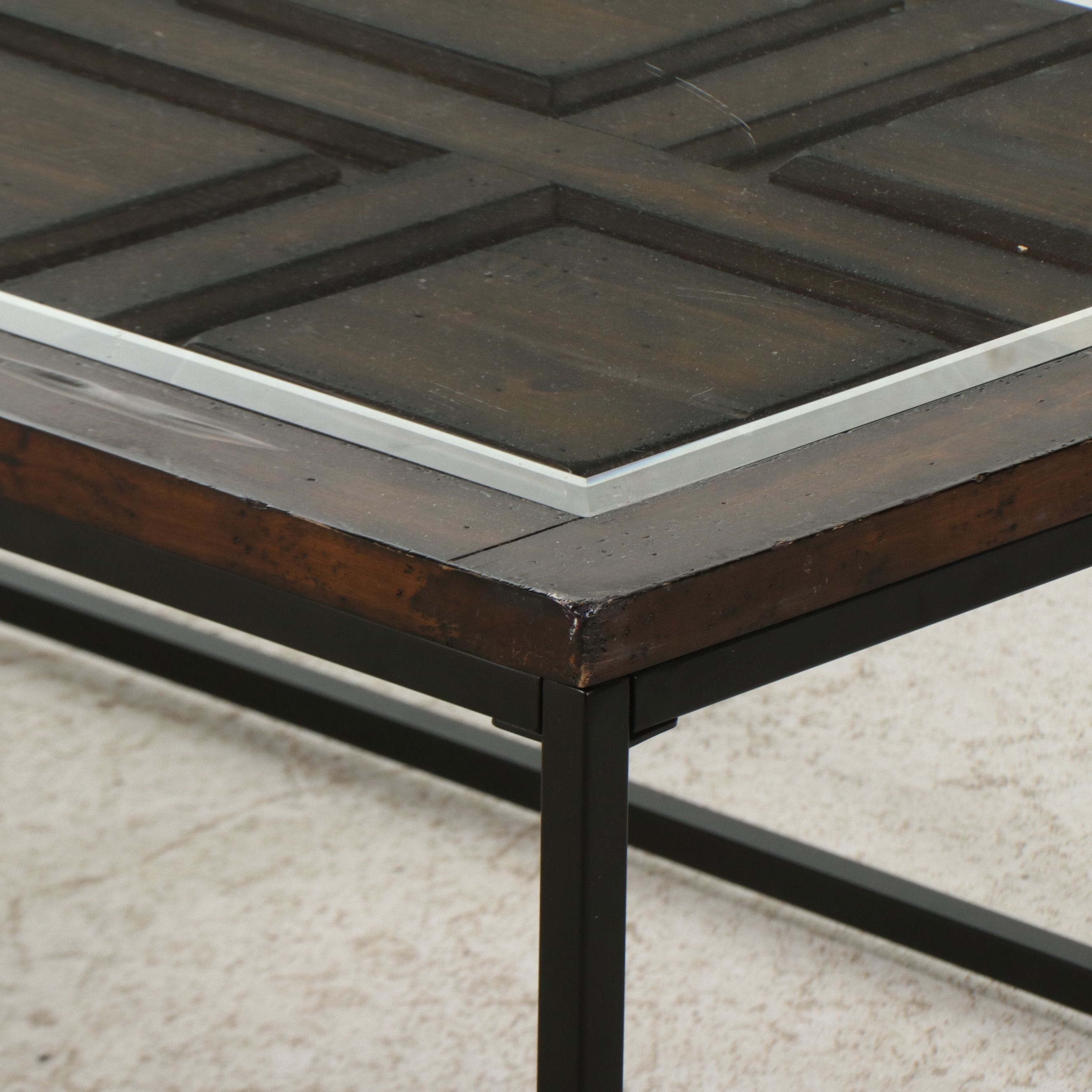 Contemporary Industrial-Style Coffee Table with Inset Paneled Wood Top
