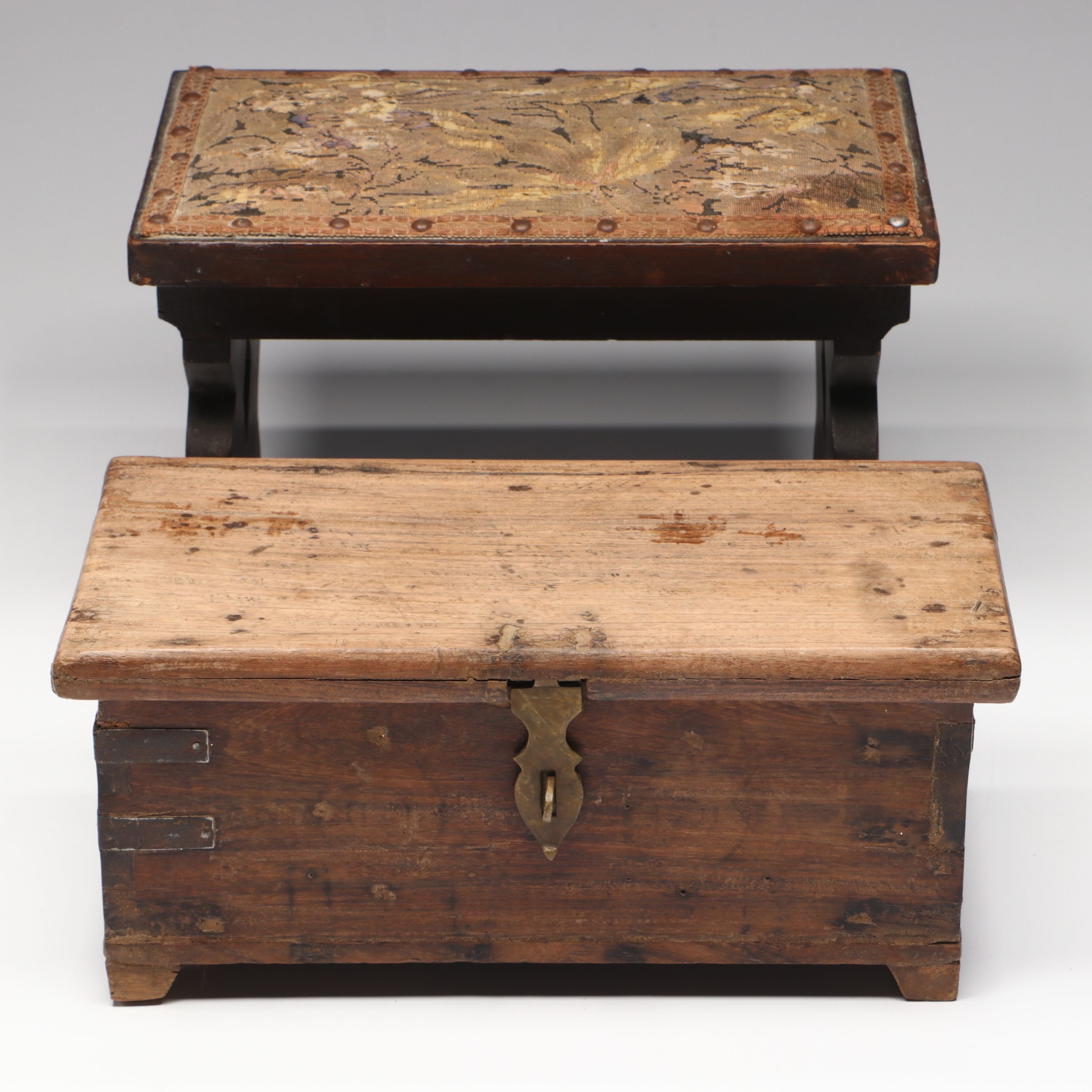 Tapestry Top Wooden Footstool with Wooden Money Box