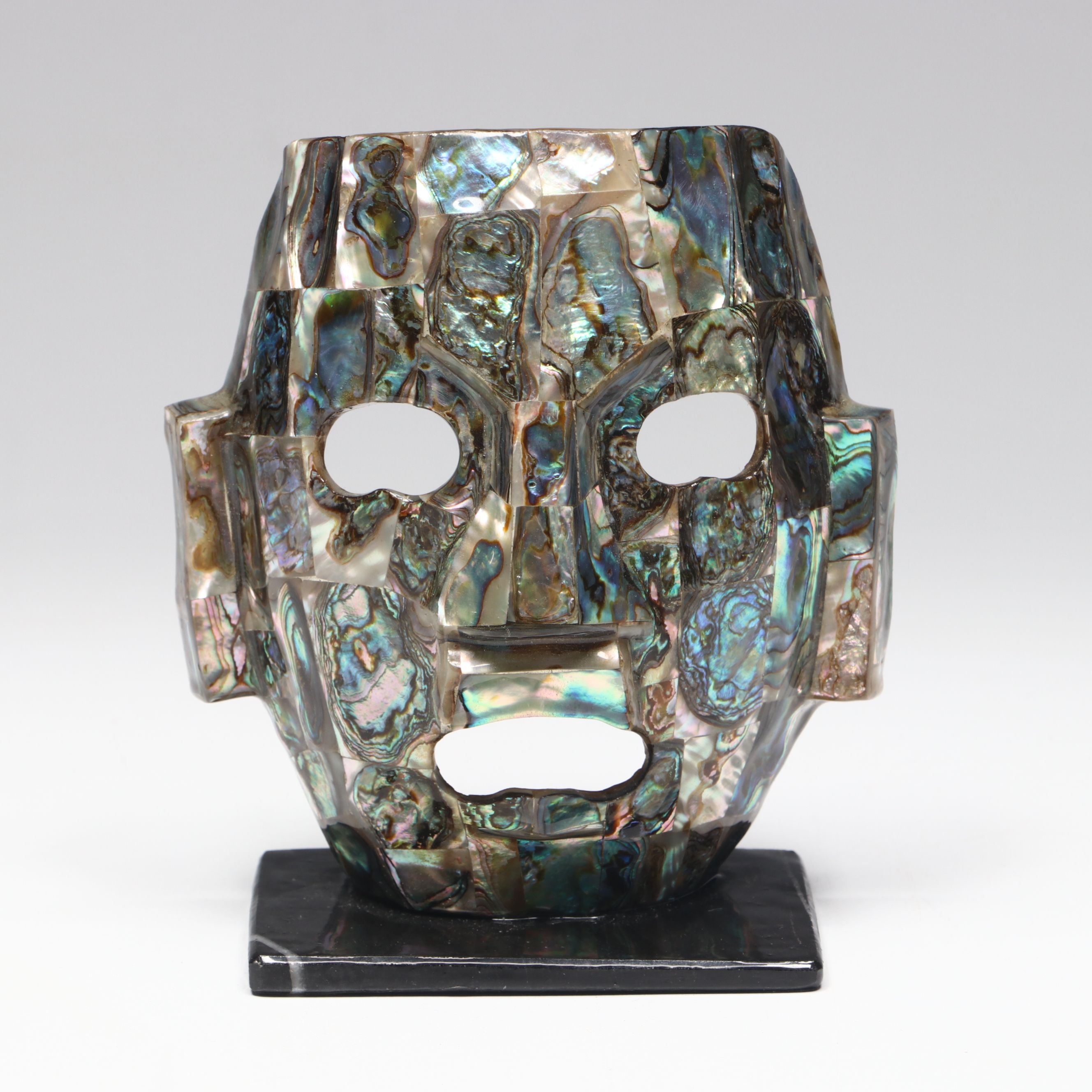 Aztec Style Abalone and Stone Death Mask on Base