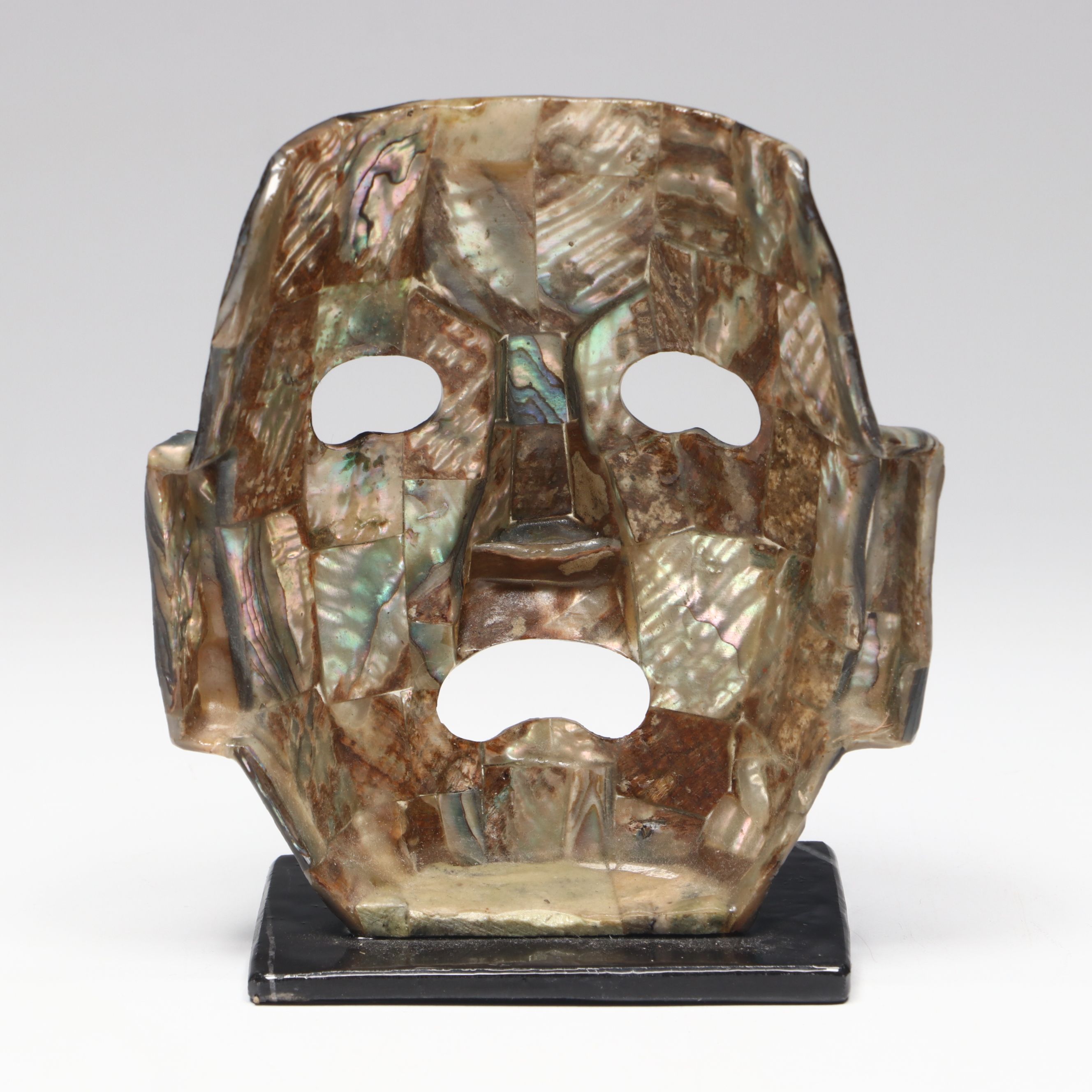 Aztec Style Abalone and Stone Death Mask on Base