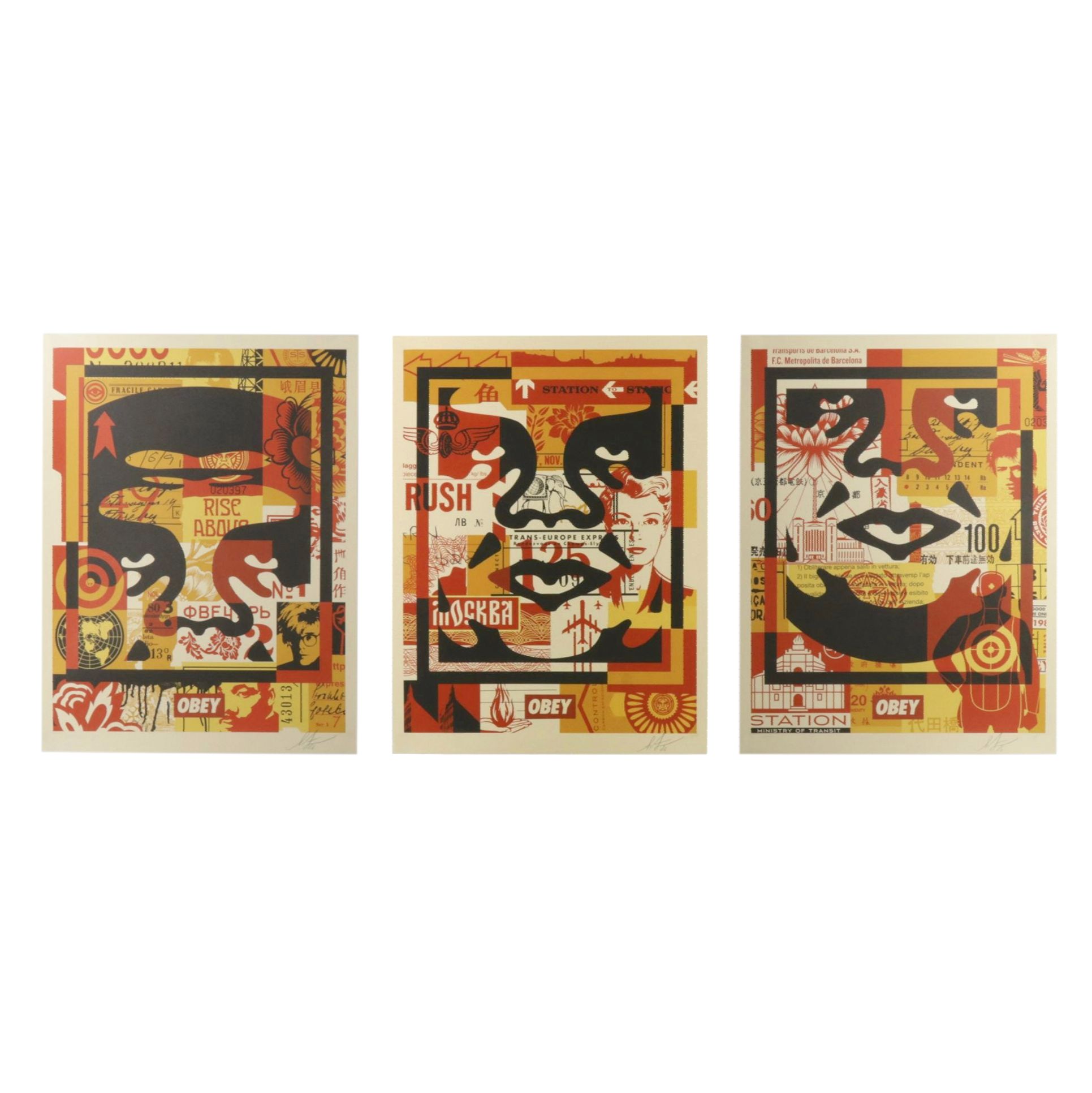 Shepard Fairey Triptych "3-Face Collage Icon" Offset Lithograph, 2026
