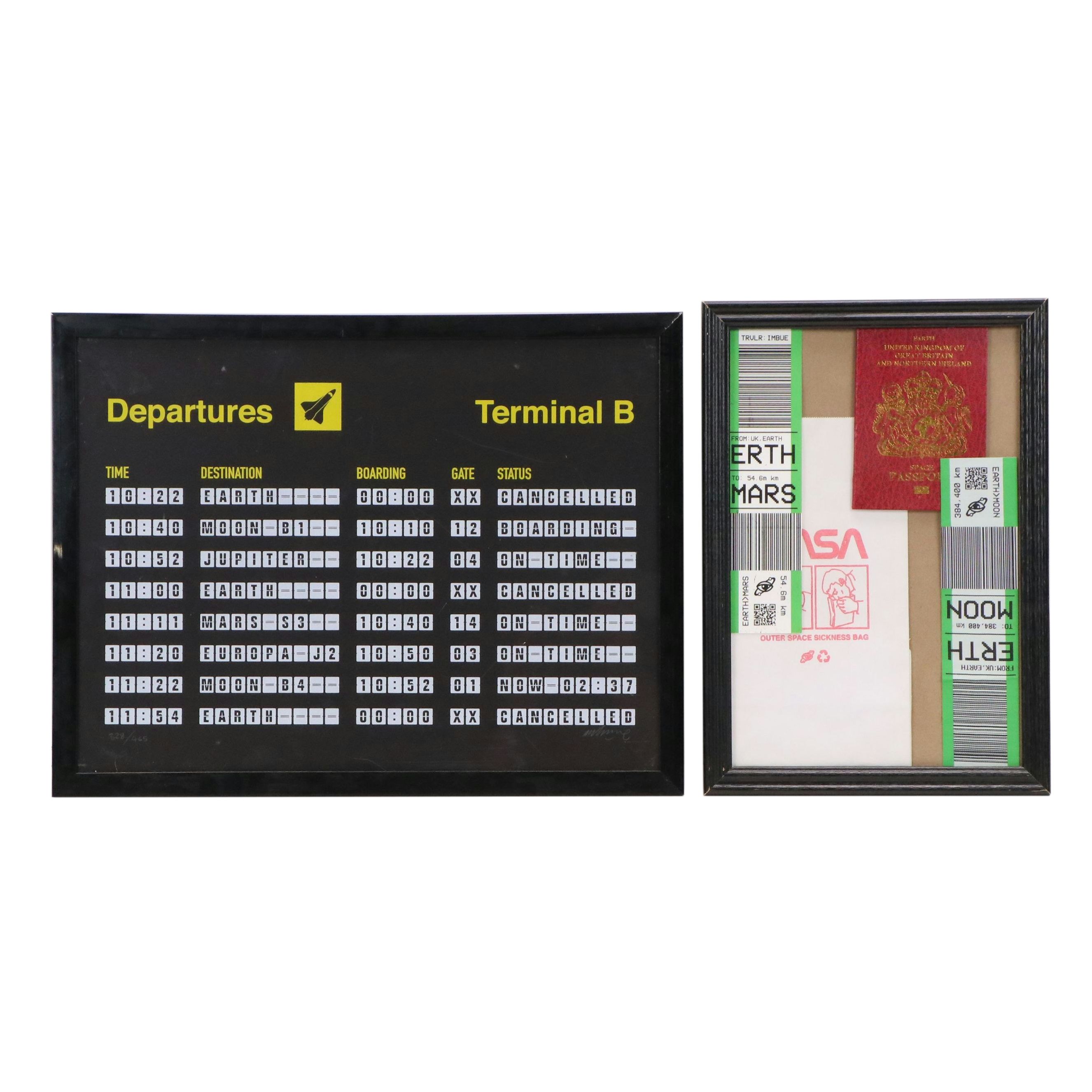 Imbue Pop Art Serigraph "Departures" and Novelty Space Travel Ephemera, 2019