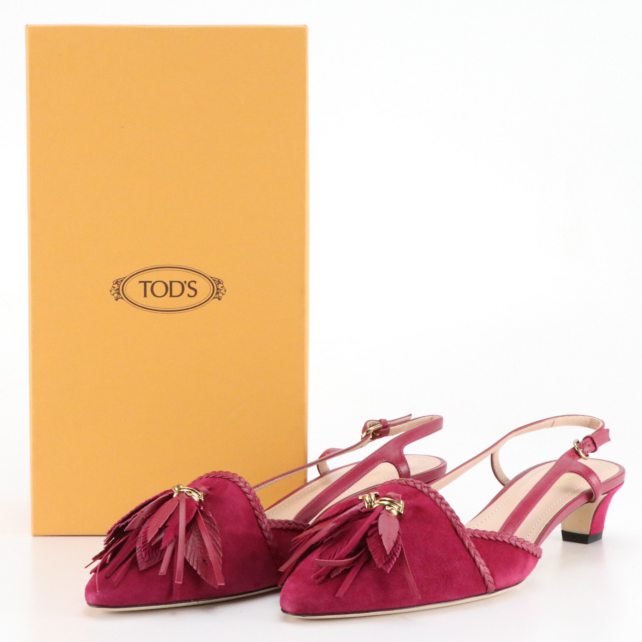 Tod's Tassel Slingback Kitten Heel Pumps in Suede/Leather with Box