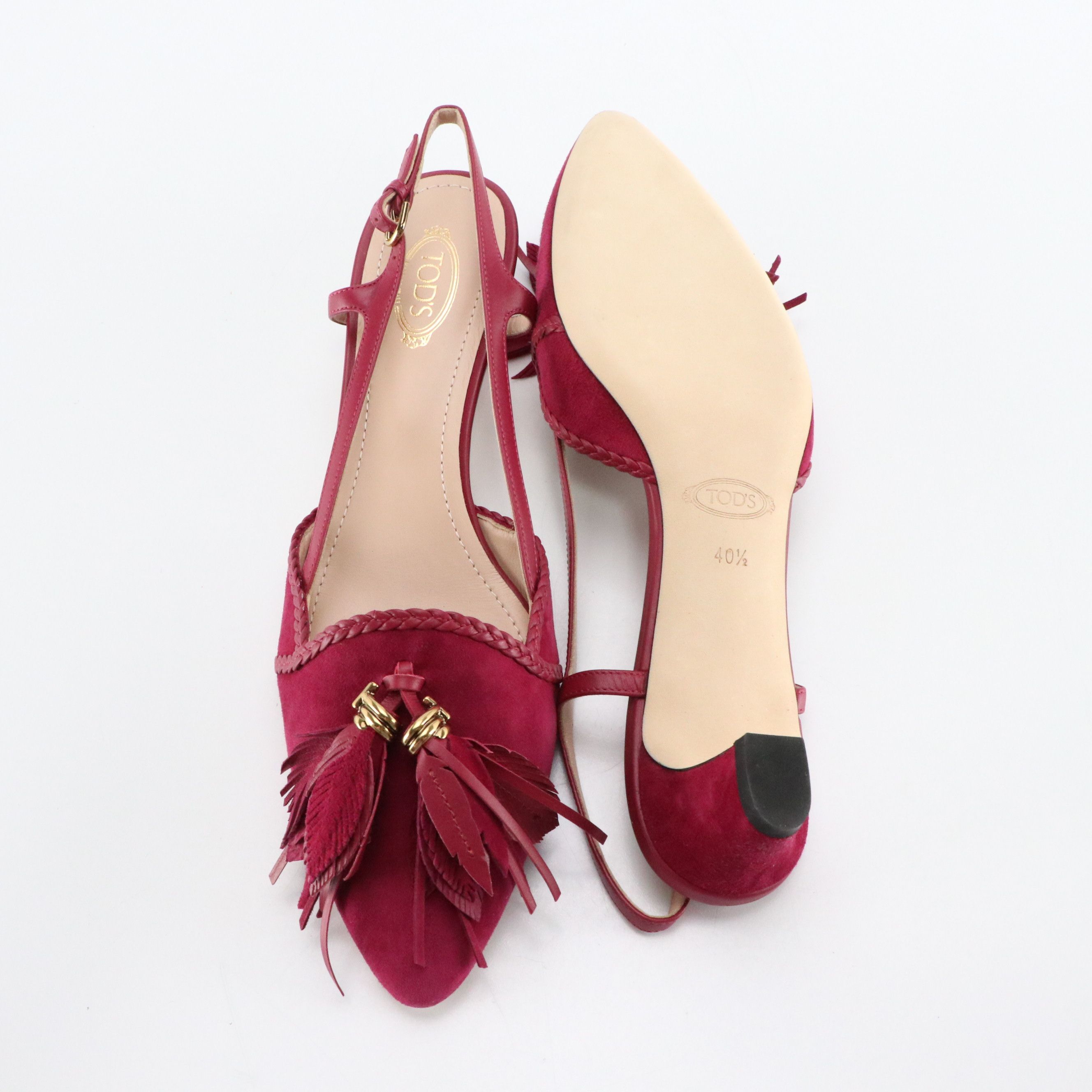 Tod's Tassel Slingback Kitten Heel Pumps in Suede/Leather with Box