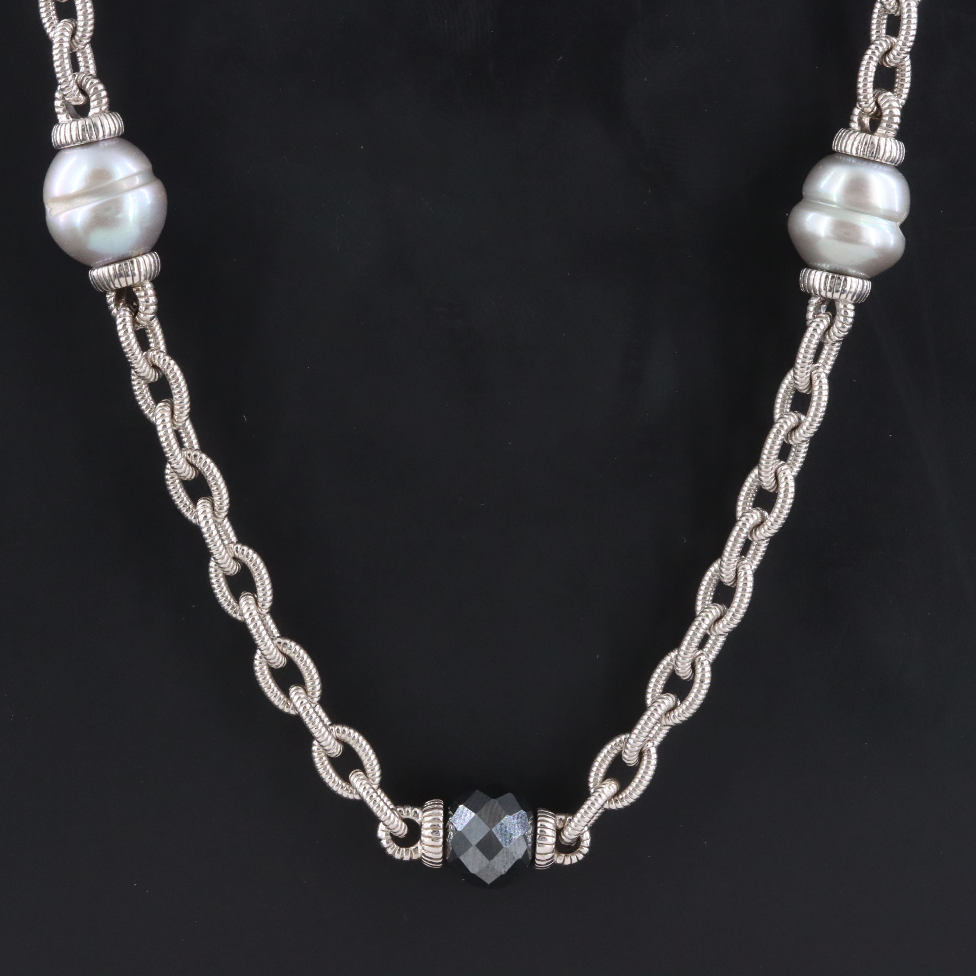 Judith Ripka Sterling Pearl, Black Onyx and CZ Station Necklace