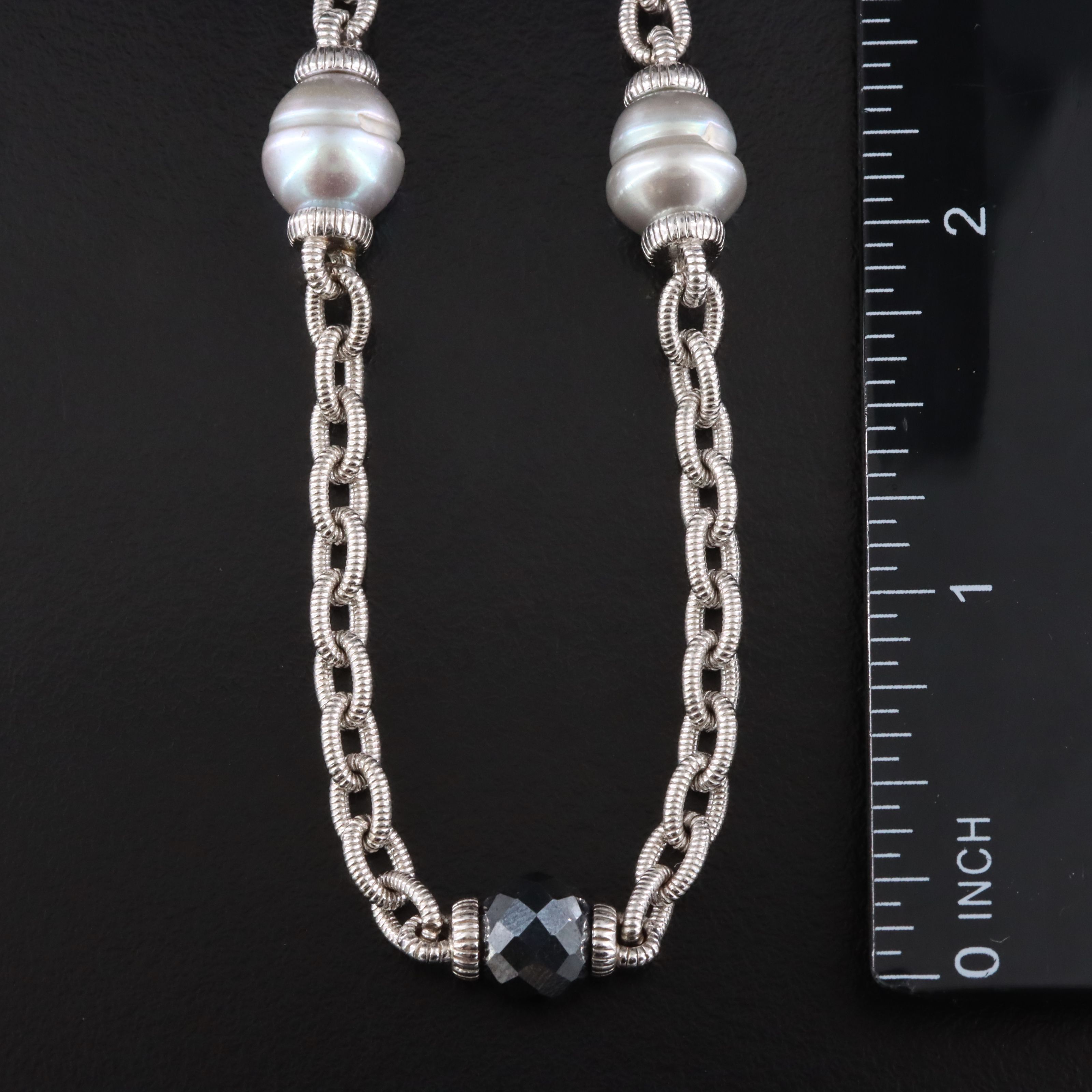 Judith Ripka Sterling Pearl, Black Onyx and CZ Station Necklace
