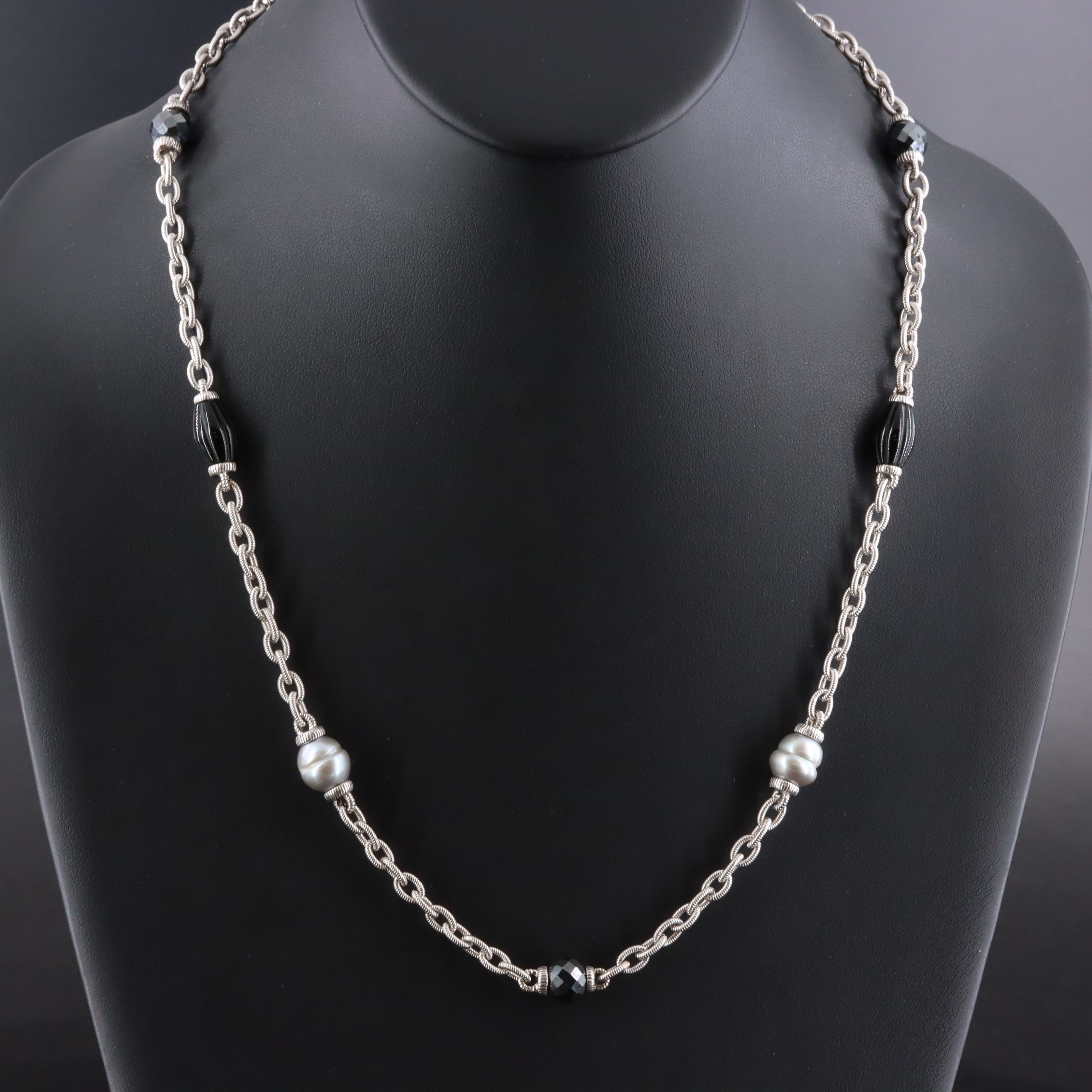 Judith Ripka Sterling Pearl, Black Onyx and CZ Station Necklace