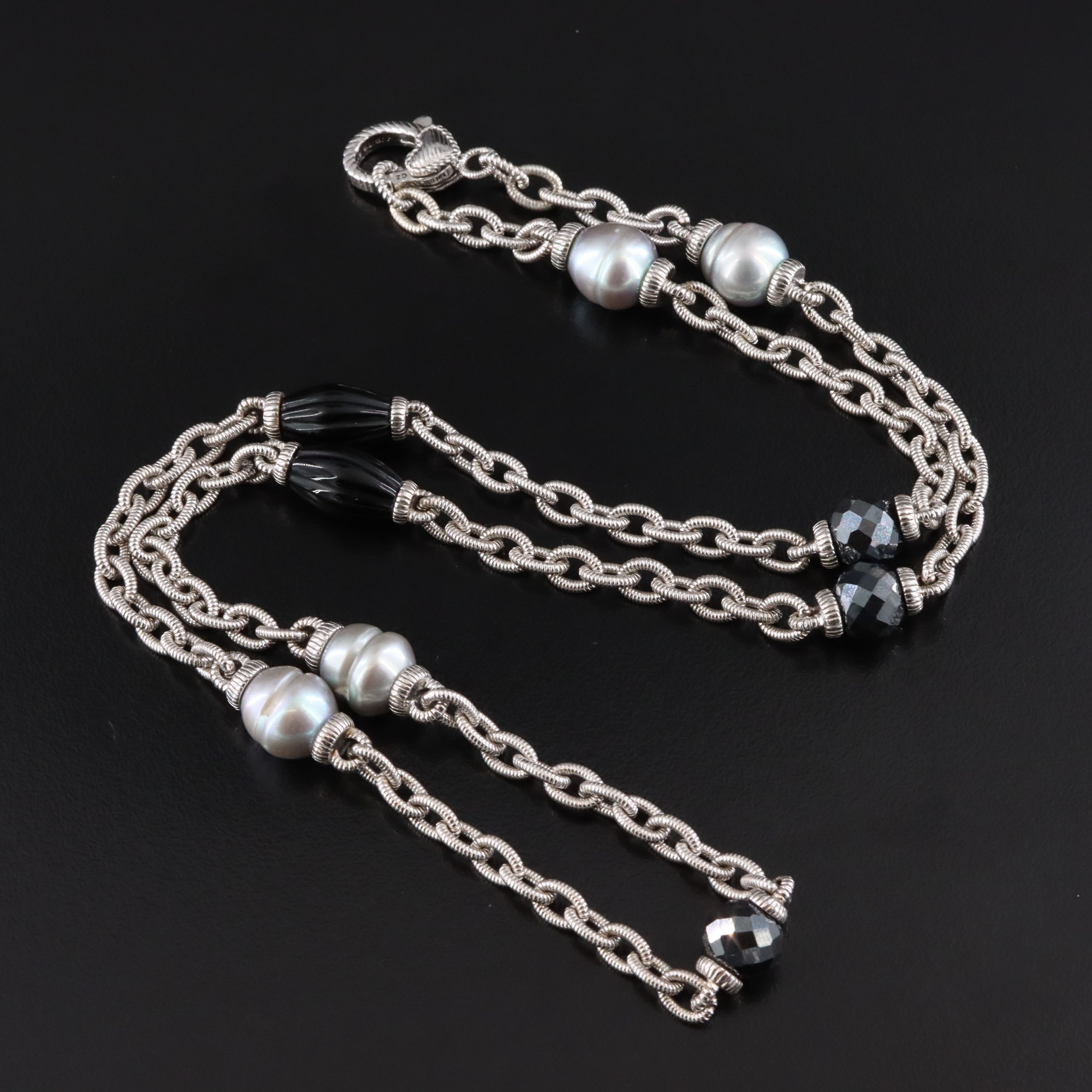 Judith Ripka Sterling Pearl, Black Onyx and CZ Station Necklace