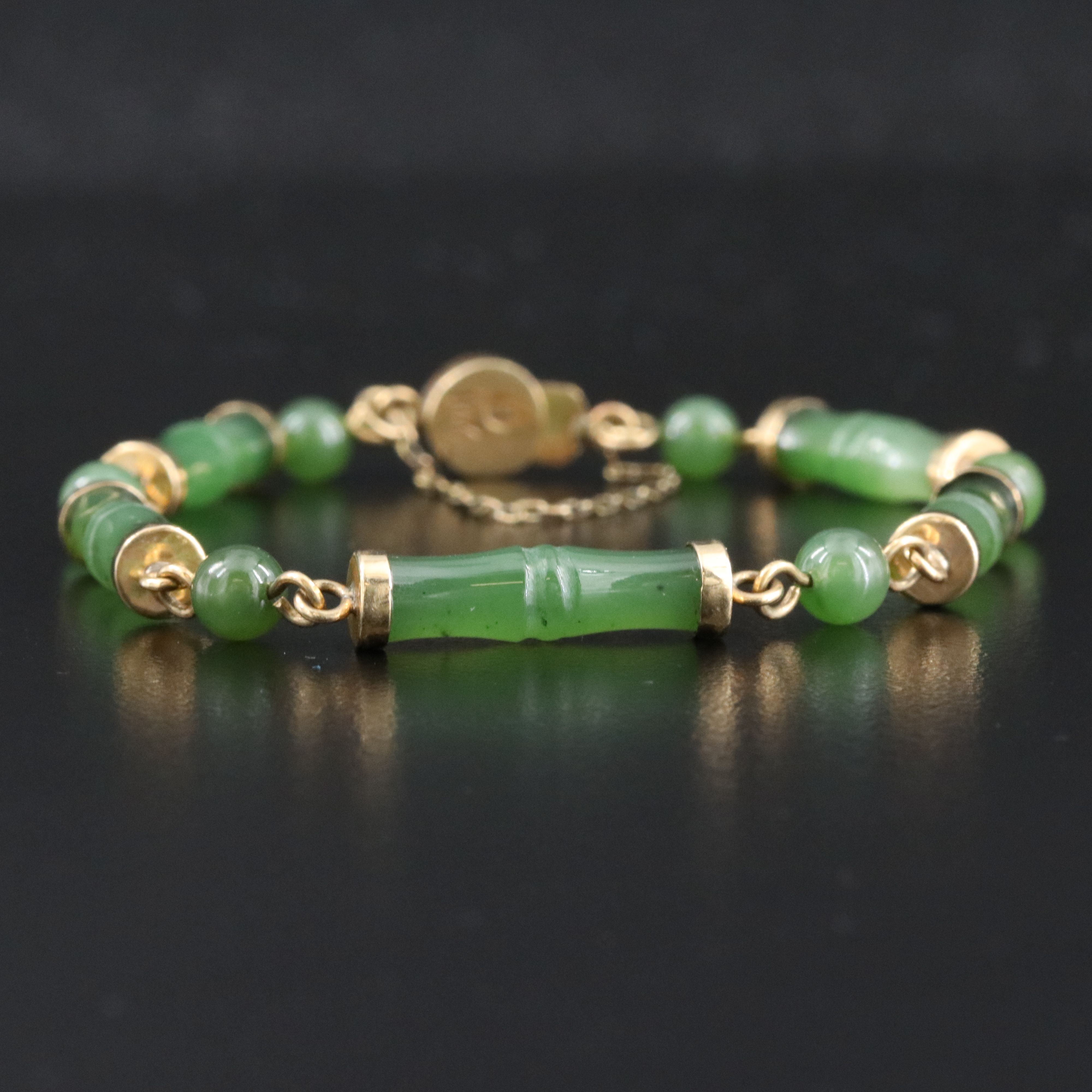 14K Nephrite Bracelet Bamboo Links and Good Fortune Clasp