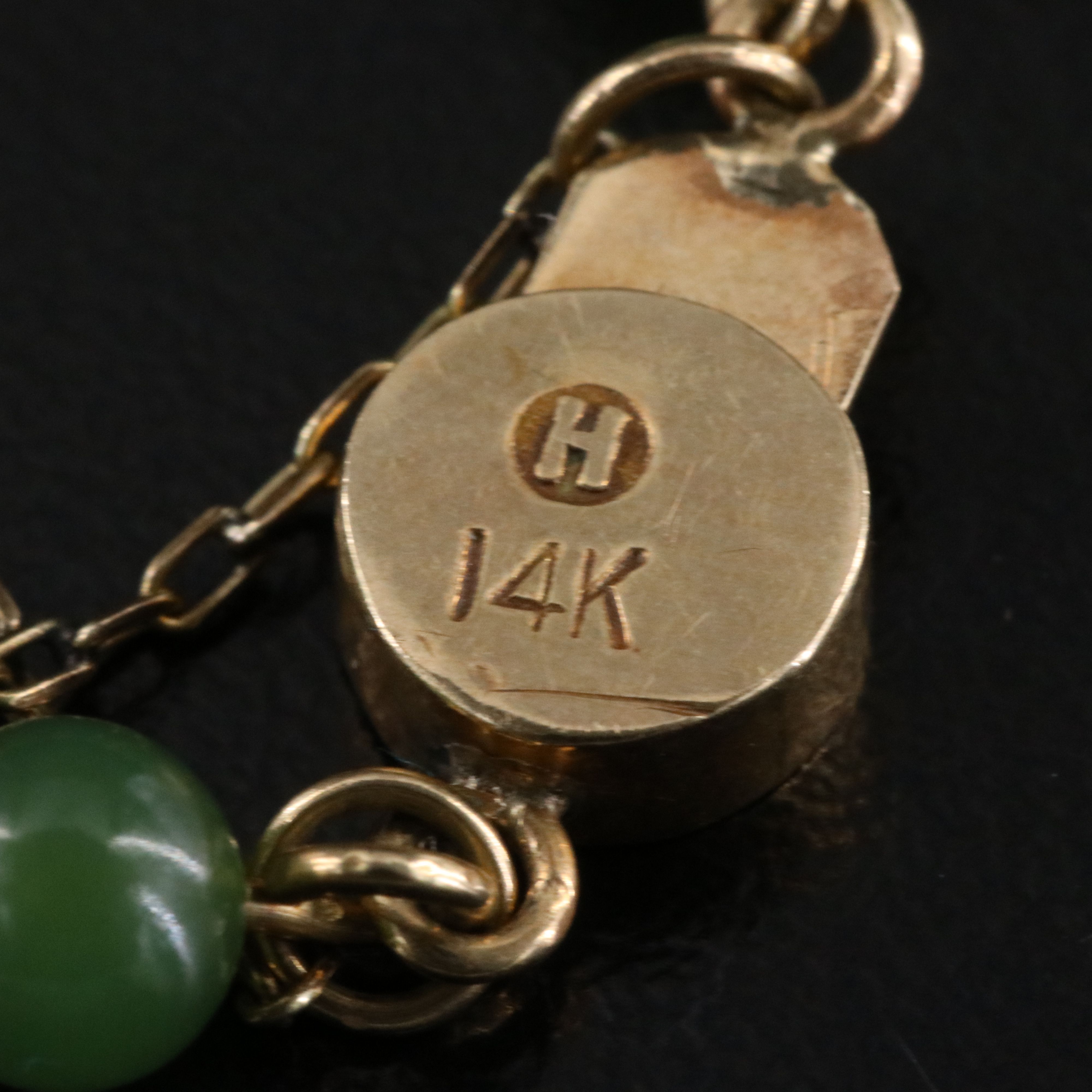 14K Nephrite Bracelet Bamboo Links and Good Fortune Clasp