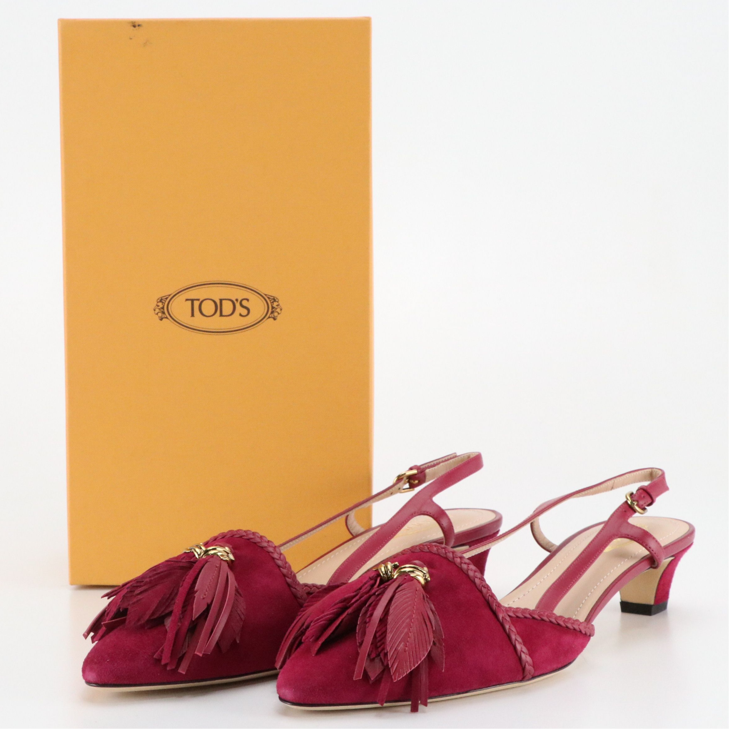 Tod's Tassel Slingback Kitten Heel Pumps in Suede/Leather with Box