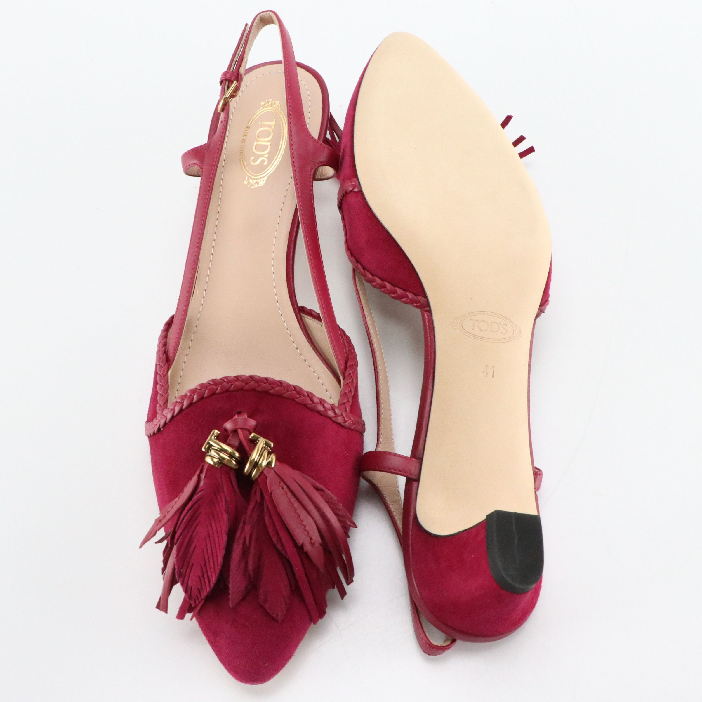 Tod's Tassel Slingback Kitten Heel Pumps in Suede/Leather with Box