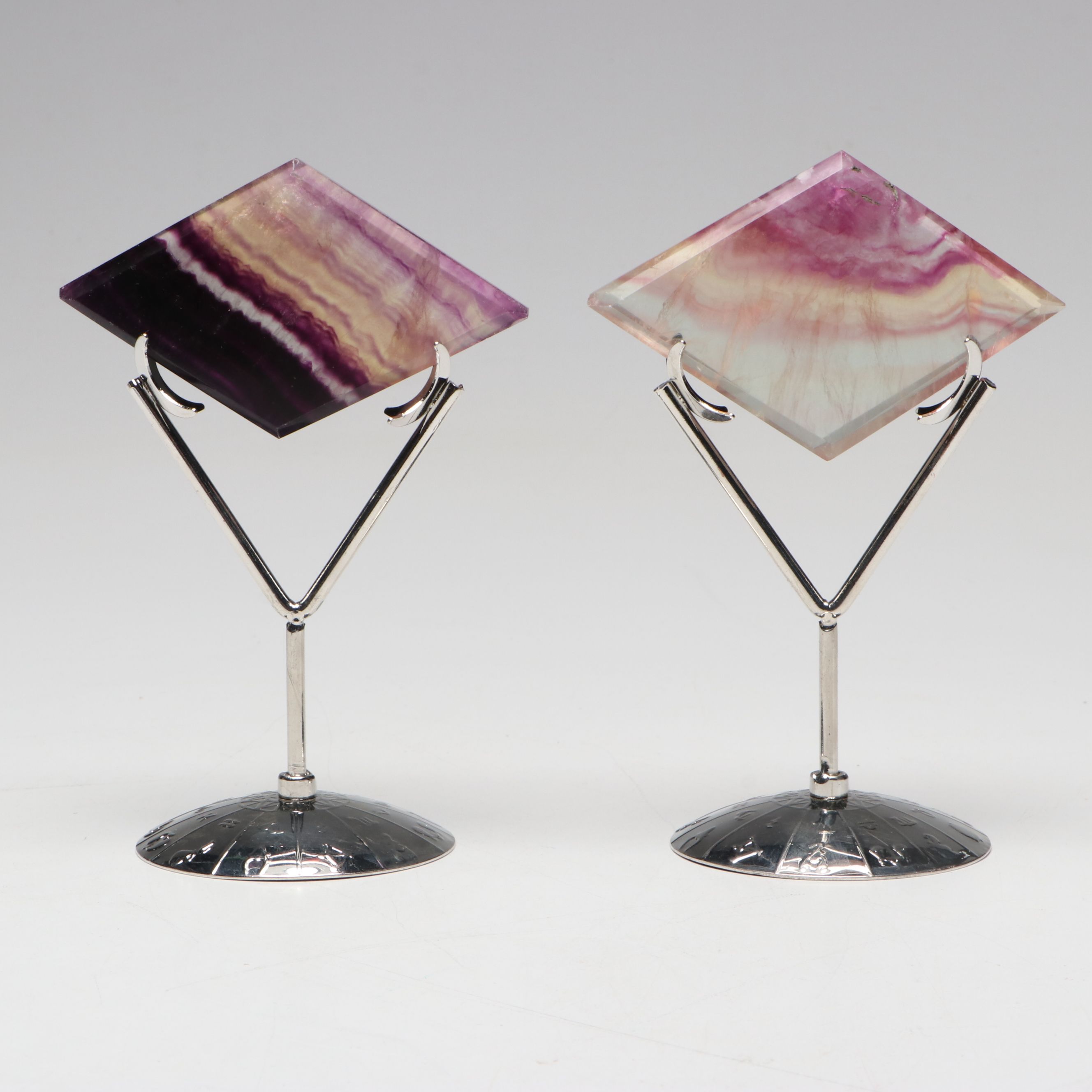Polished Triangular Fluorite Specimens with Metal Zodiac Stands