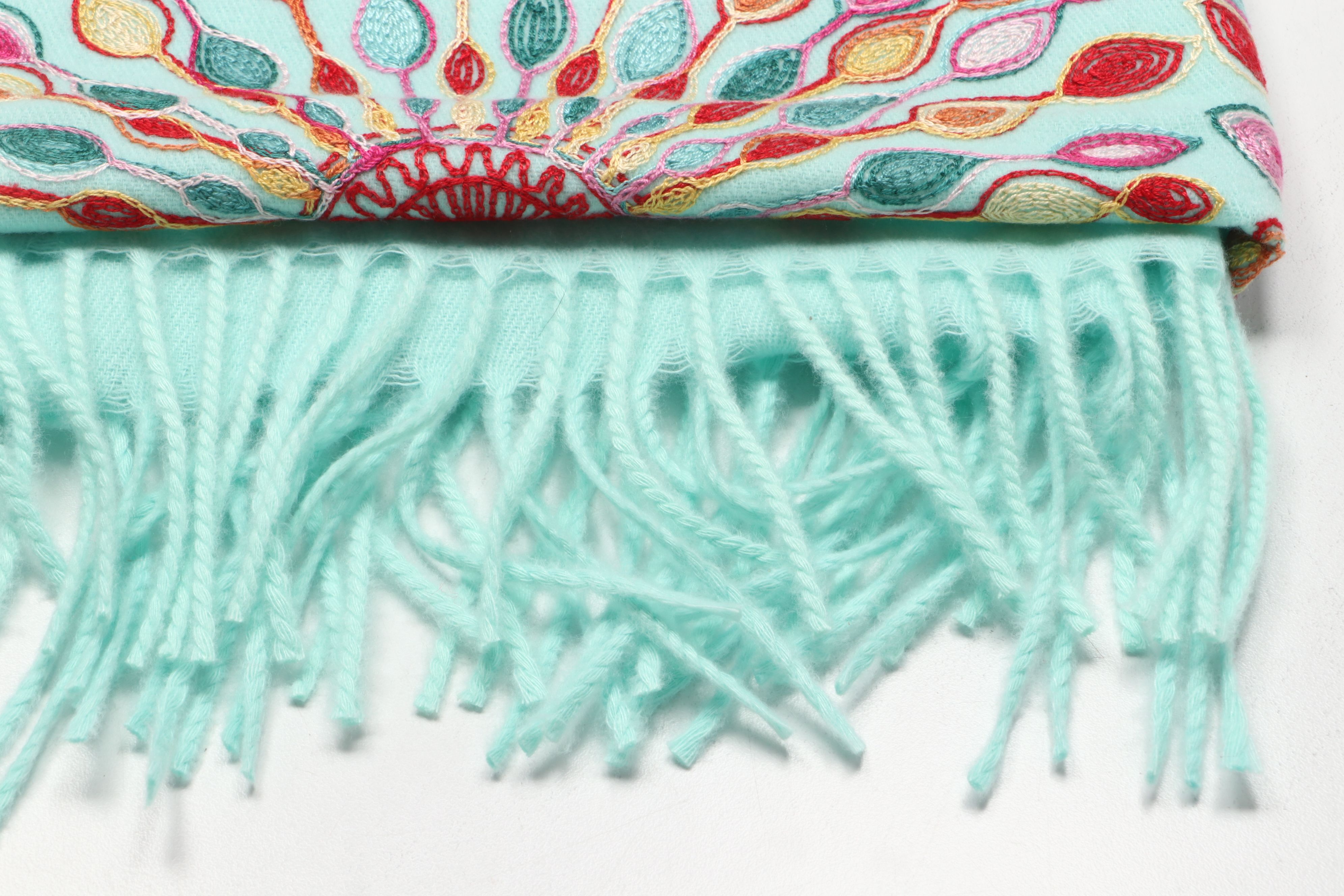 Radial Peacock Feather Cashmere Wool Fringe Scarf