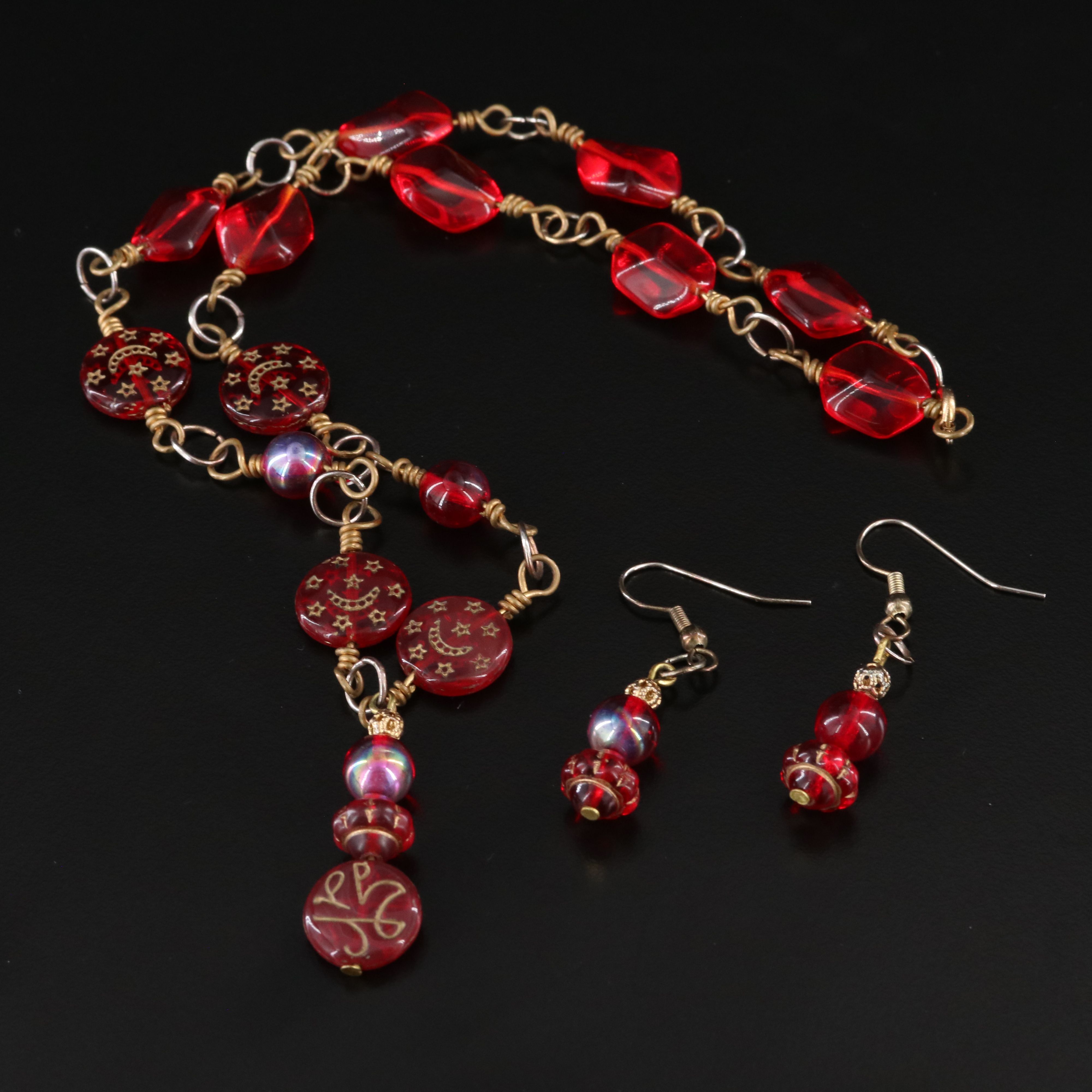Czech Style Glass Bead Necklace and Earrings with Celluloid Dragon Box